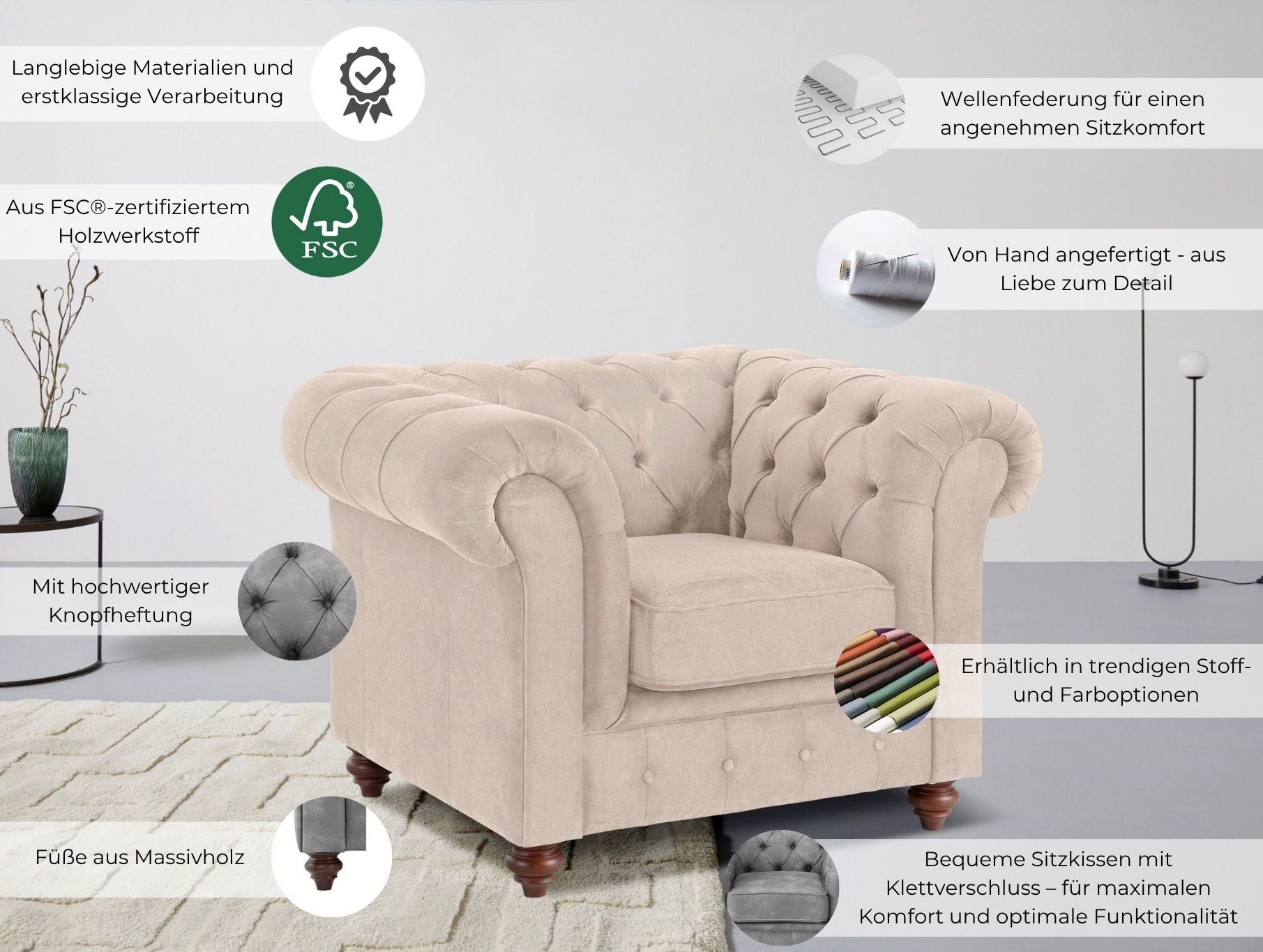 Home affaire Sessel »Chesterfield B/T/H: 105/69/74 cm«, mit hochwertiger Kn günstig online kaufen