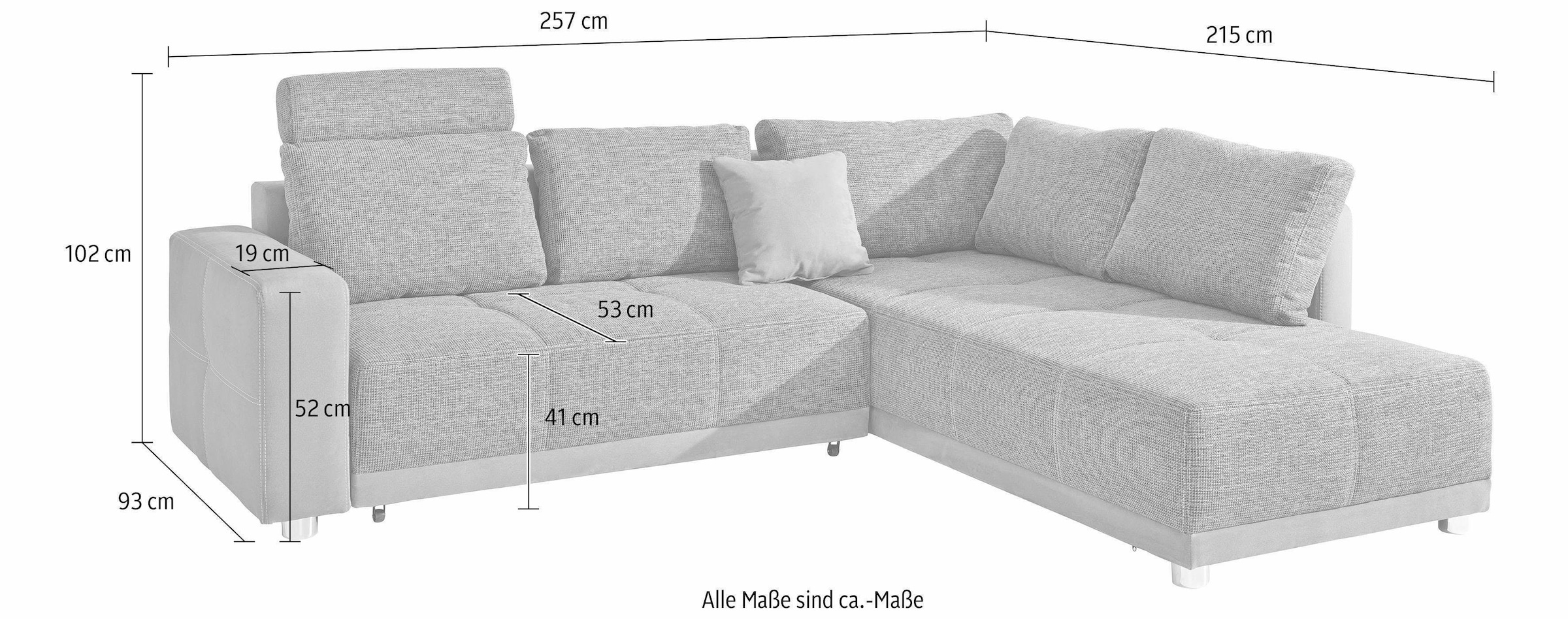 Places of Style Ecksofa, mit Bettfunktion, Bettkasten und Federkern, wahlweise mit 1 oder 3 Kopfstützen, Ottomane links oder rechts montierbar