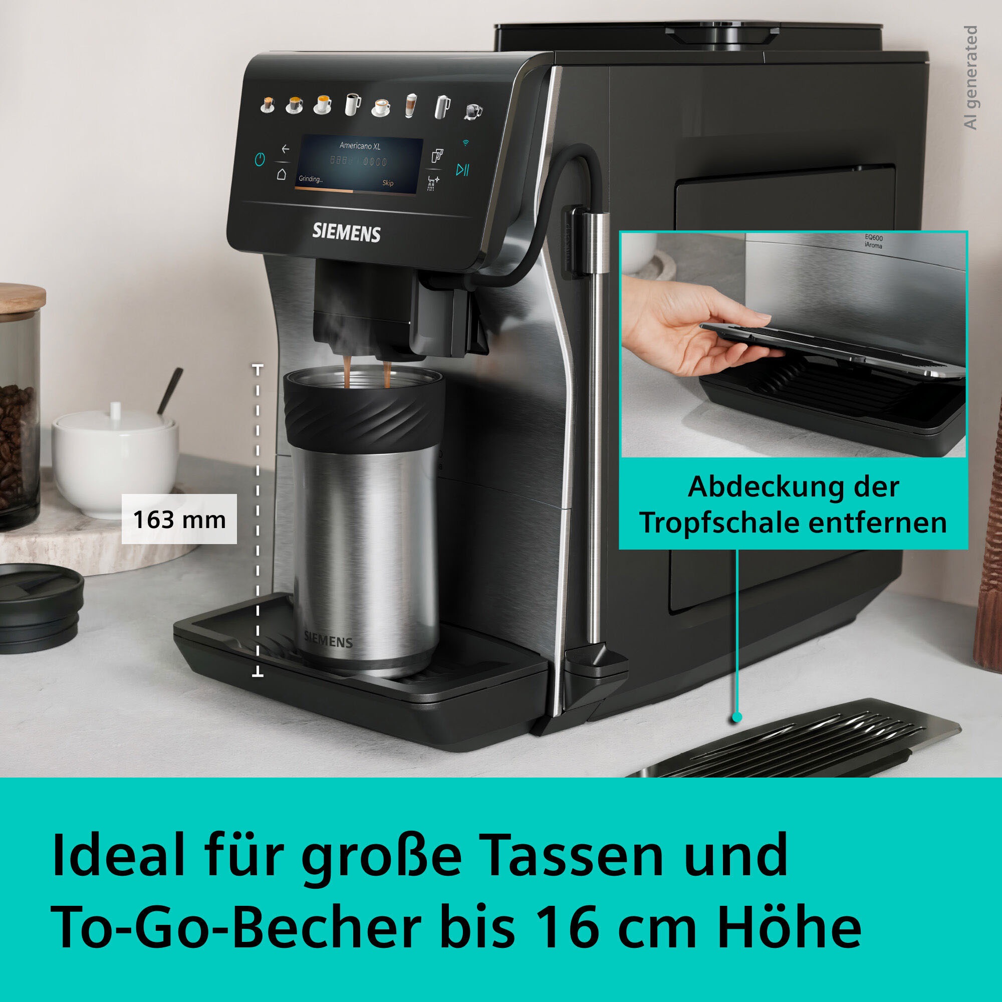 SIEMENS Kaffeevollautomat »EQ600 TP605EM3, 8 Getränke, XL-Getränke, bis zu 480ml, Kannenfunktion« bis zu 10 Favoriten, Doppeltassenfunktion, Keramikmahlwerk, Edelstahl