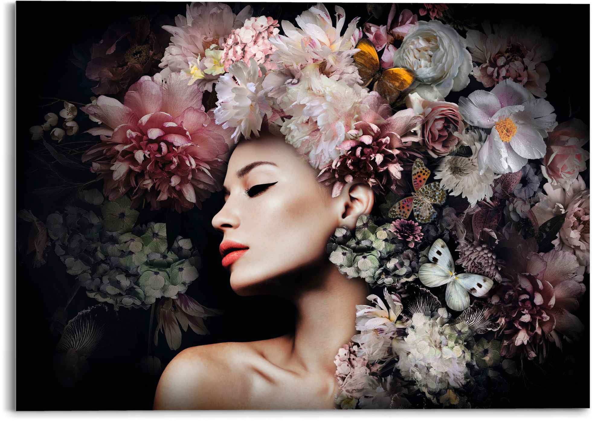 Reinders! Glasbild »Glasbild Frau mit Blumenhut Frau - Schmetterling - Stra günstig online kaufen