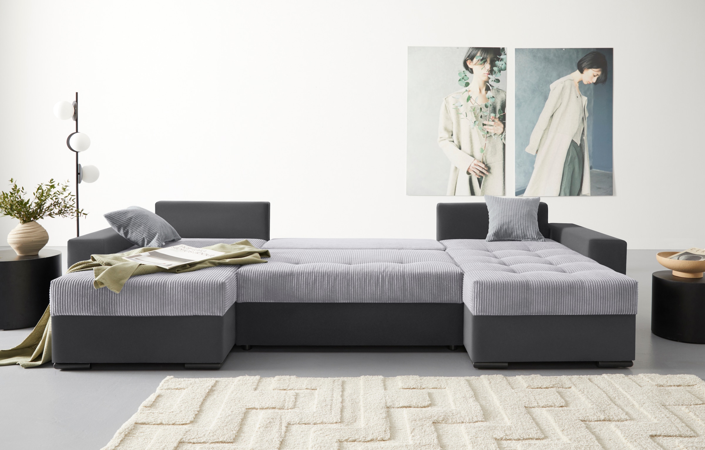 COLLECTION AB Wohnlandschaft »XL-Josy U-Form, Breite 313 cm, Cord-/Mix«, inkl. Bettfunktion, Bettkasten, mit 4 gleich großen Rückenkissen