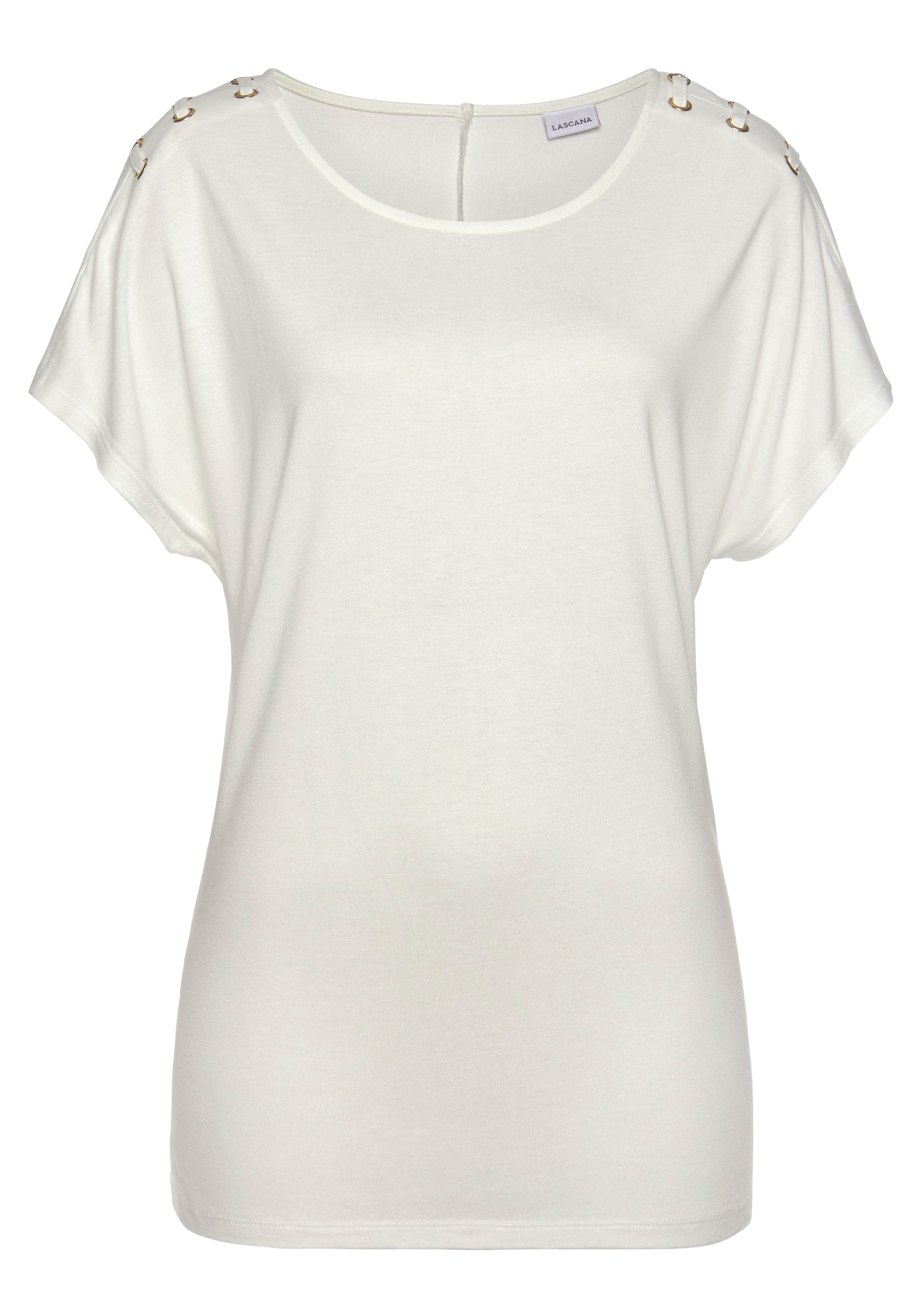 LASCANA Kurzarmshirt, mit Schnüroptik auf den Schultern, T-Shirt, weiche Jerseyqualität