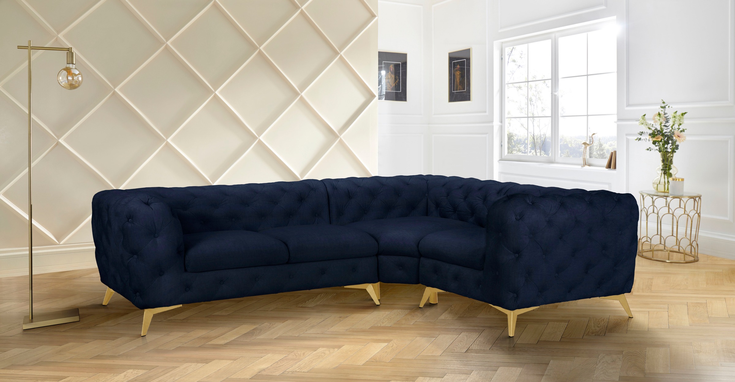 Leonique Chesterfield-Sofa »Ecksofa GLYNIS L-Form mit Wellenunterfederung, Maße B/T/H 264/204/75cm«, aufwändige Knopfheftung, moderne Chesterfield Optik, Fußfarbe wählbar
