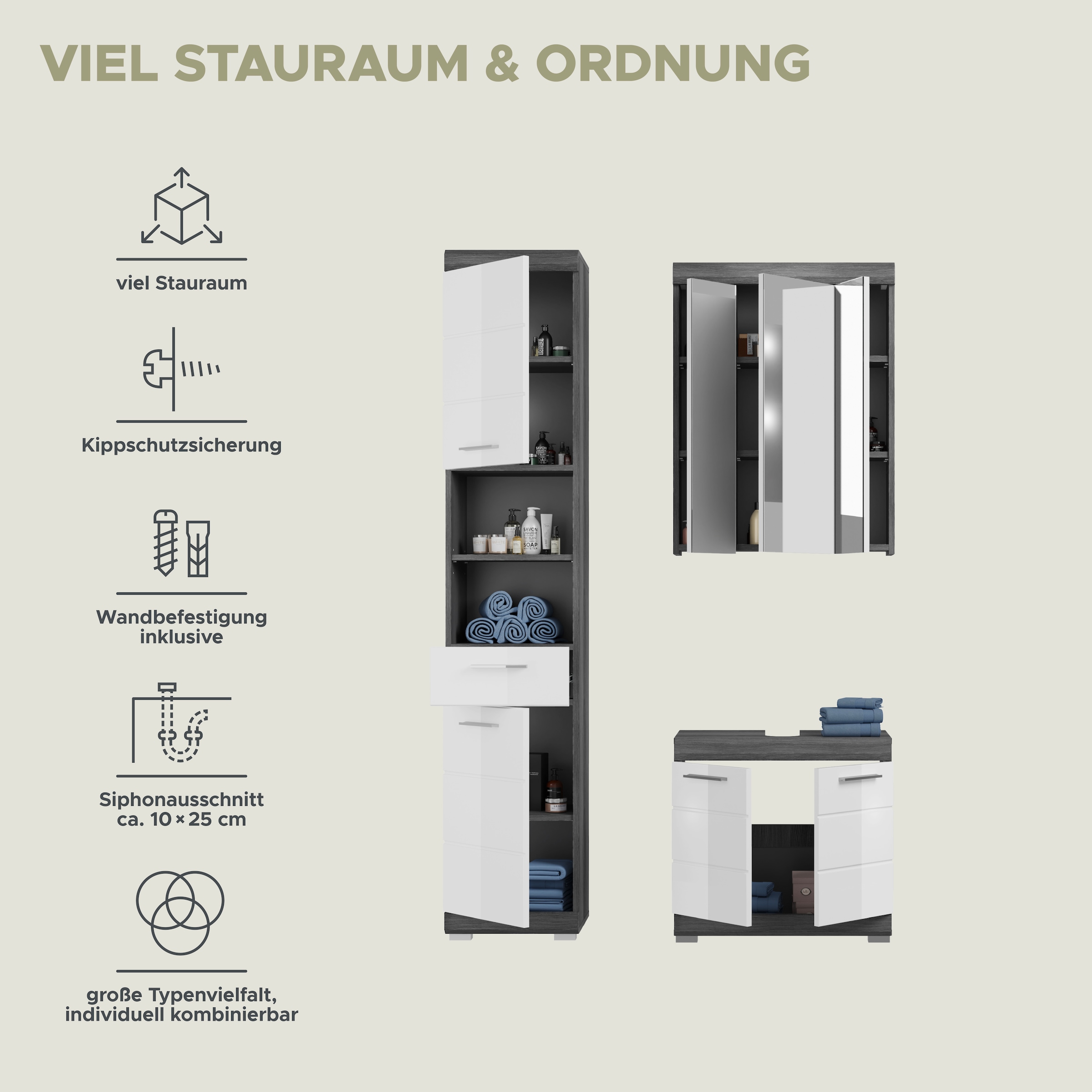 INOSIGN Badmöbel-Set »Siena, 3 teilig, bestehend aus:«, (Set, 3 St.), Hochschrank, Waschbeckenunterschrank, Spiegelschrank