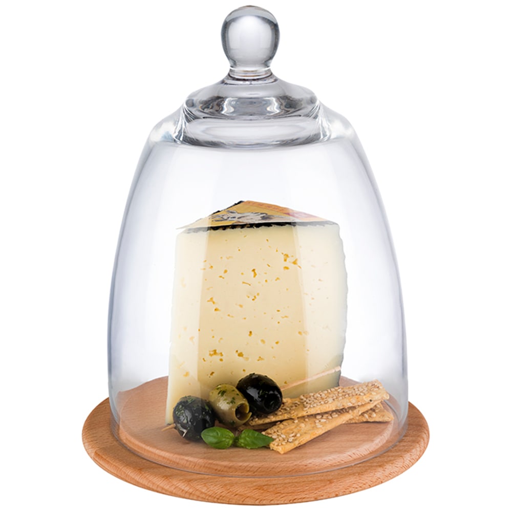 APS Käseglocke, Ø 18,5 cm, Glas, Buchenholz, für Früchte, Gemüse, Aufschnitt u. Käse