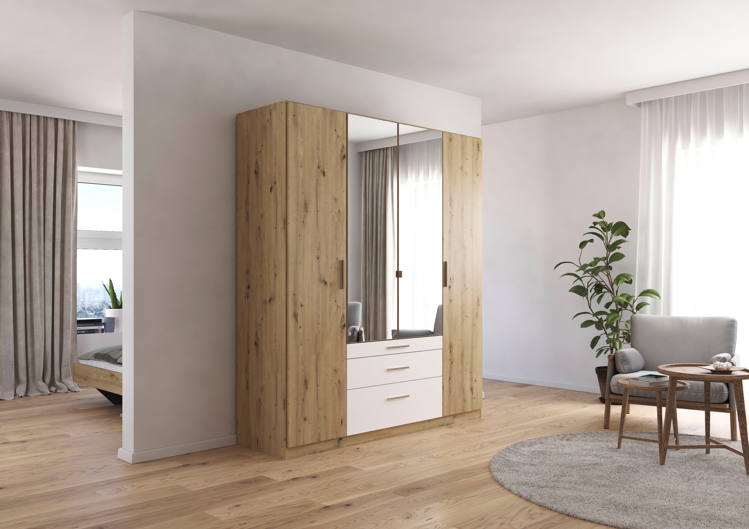 rauch Kleiderschrank »Schrank Drehtürenschrank Ankleide Garderobe Schlafzimmer MOSBACH« Breiten: 181/226/271 cm, Höhe 210 cm,  mit Spiegel und farblich abgesetzten Schubladen MADE IN GERMANY