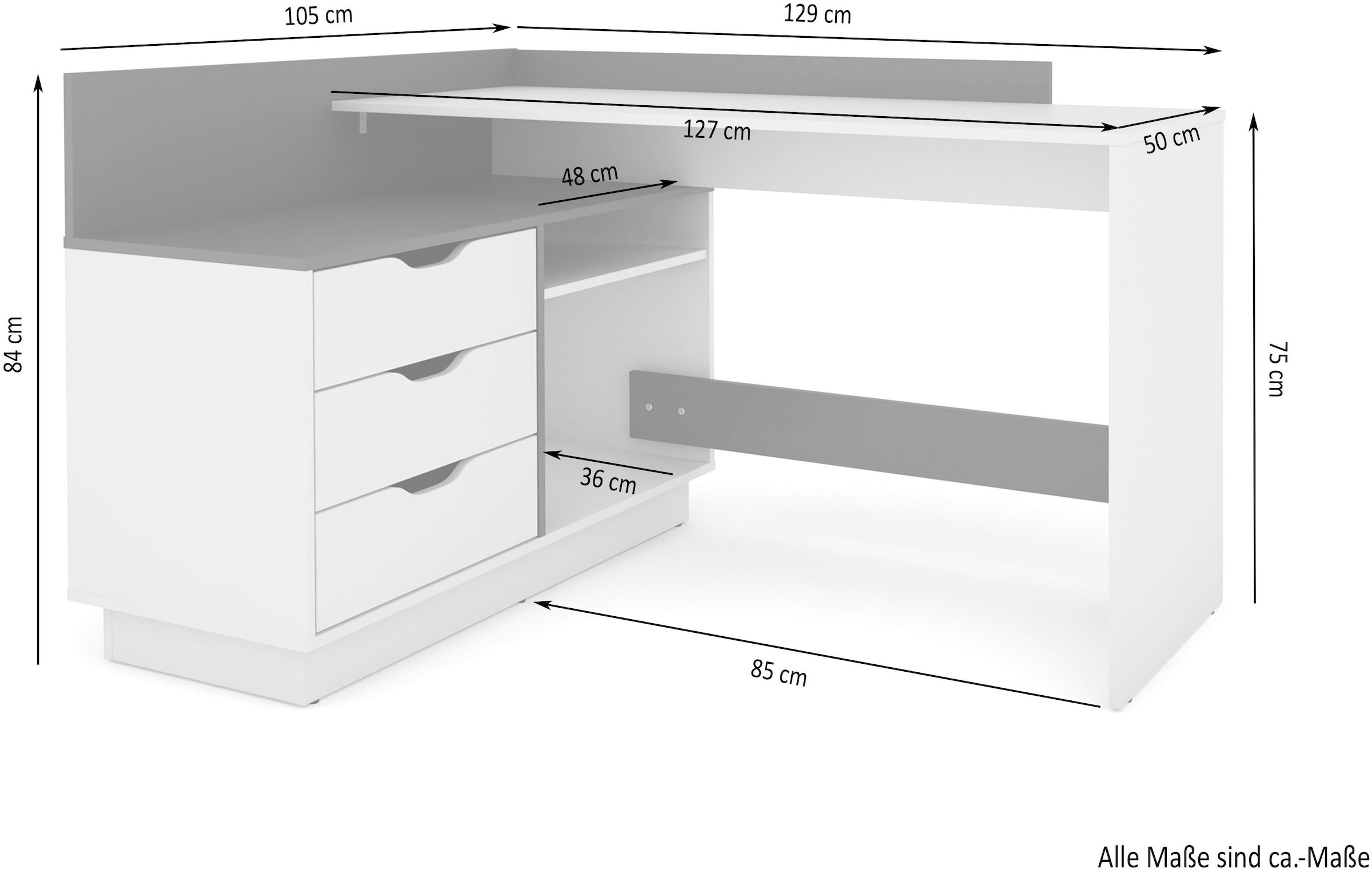 byLIVING Eckschreibtisch »Bern«, mit viel Stauraum, Breite 129 cm, rechts oder links montierbar