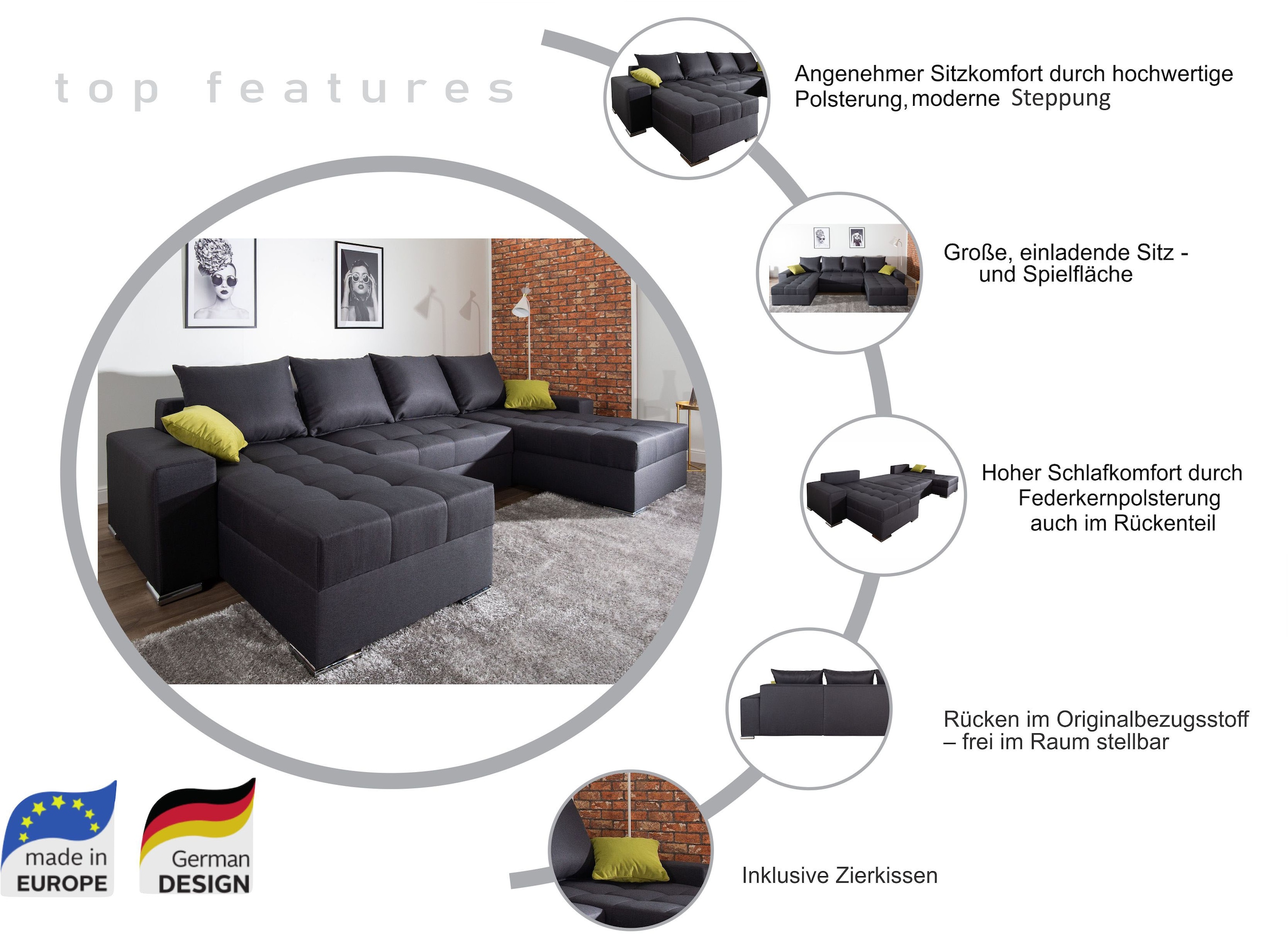 COLLECTION AB Wohnlandschaft Josy, inkl. Bettfunktion, Bettkasten und Zierkissen