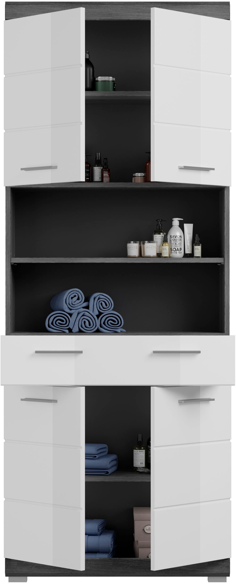 INOSIGN Badmöbel-Set »Siena, 4 teilig, bestehend aus:«, (Set, 4 St.), Hochschrank, Waschbeckenunterschrank, Badspiegel, Hochschrank breit
