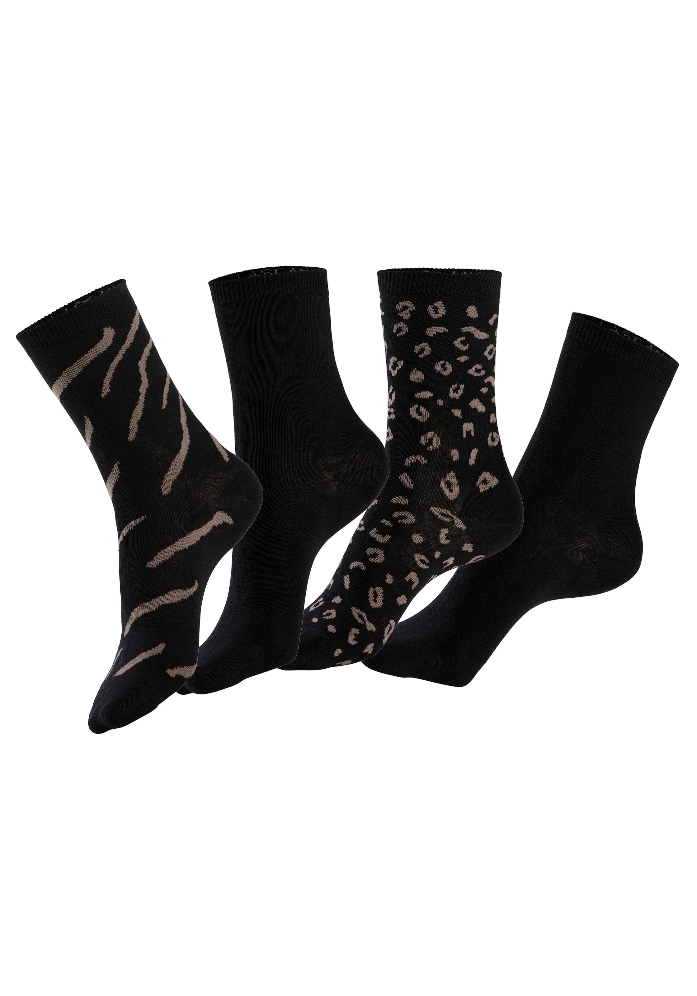 LASCANA Basicsocken, (Packung, 4 Paar), uni und mit animal Design