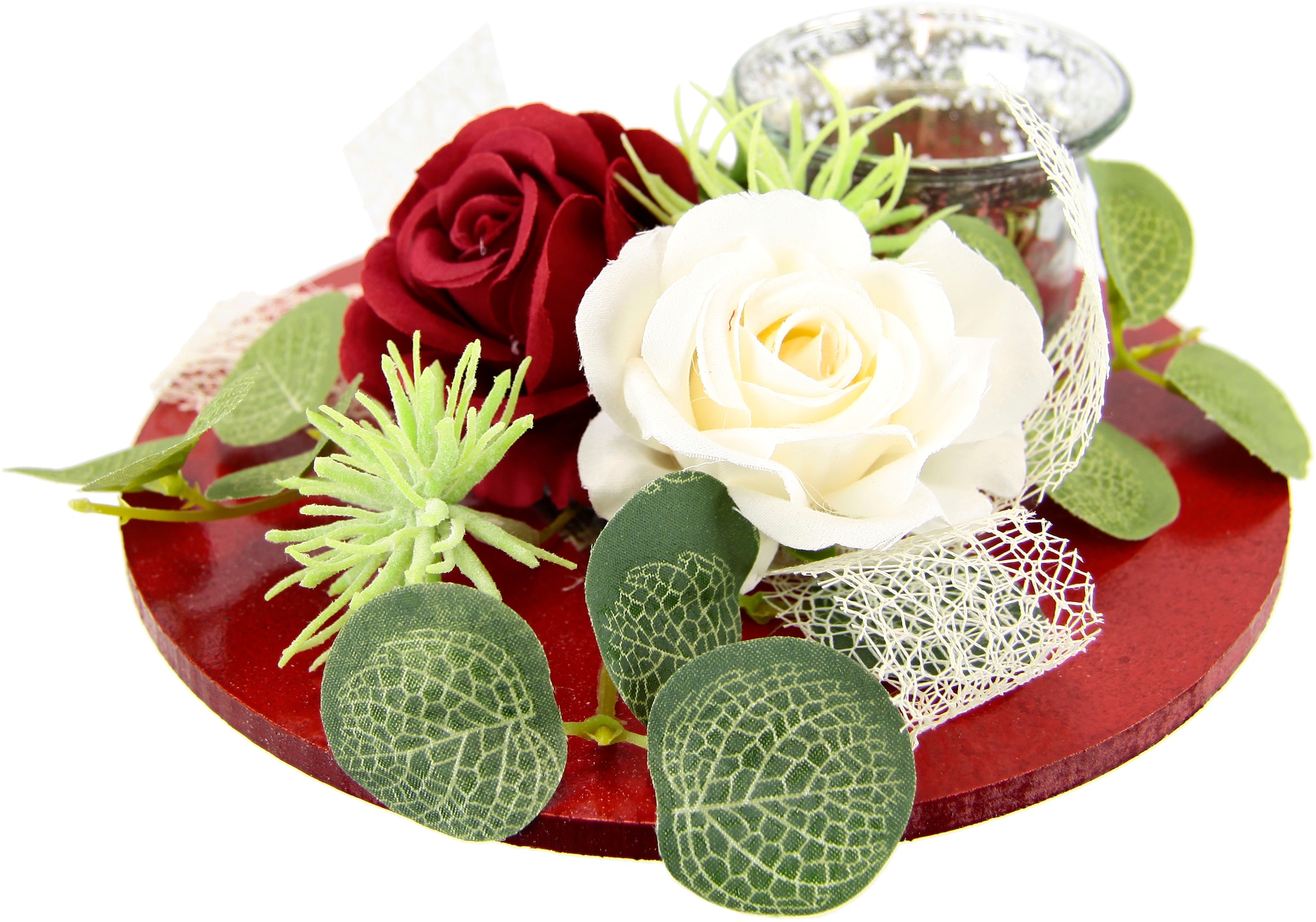 I.GE.A. Teelichthalter »Mit Glaseinsatz und Teelichtkerze, künstlichen Rosen Eukalyptus«, (1 St.), Kerzenständer Kerzenhalter Tischdeko Kerzen Muttertag Valentinstag