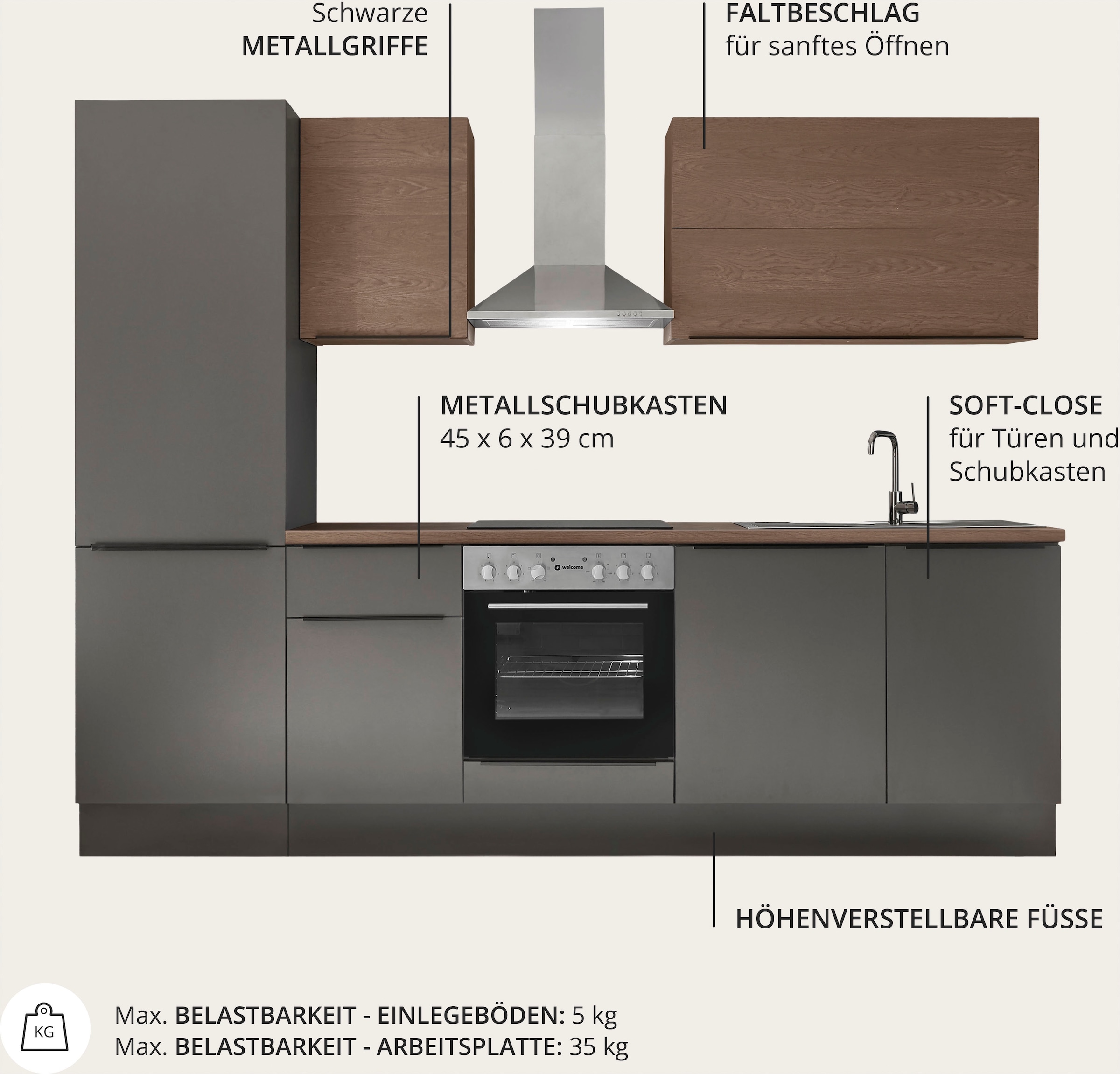 KOCHSTATION Küchenzeile »Cocco B/H/T 280x211x60 cm« Breite 280 cm, wahlweise mit E-Geräten und Induktion