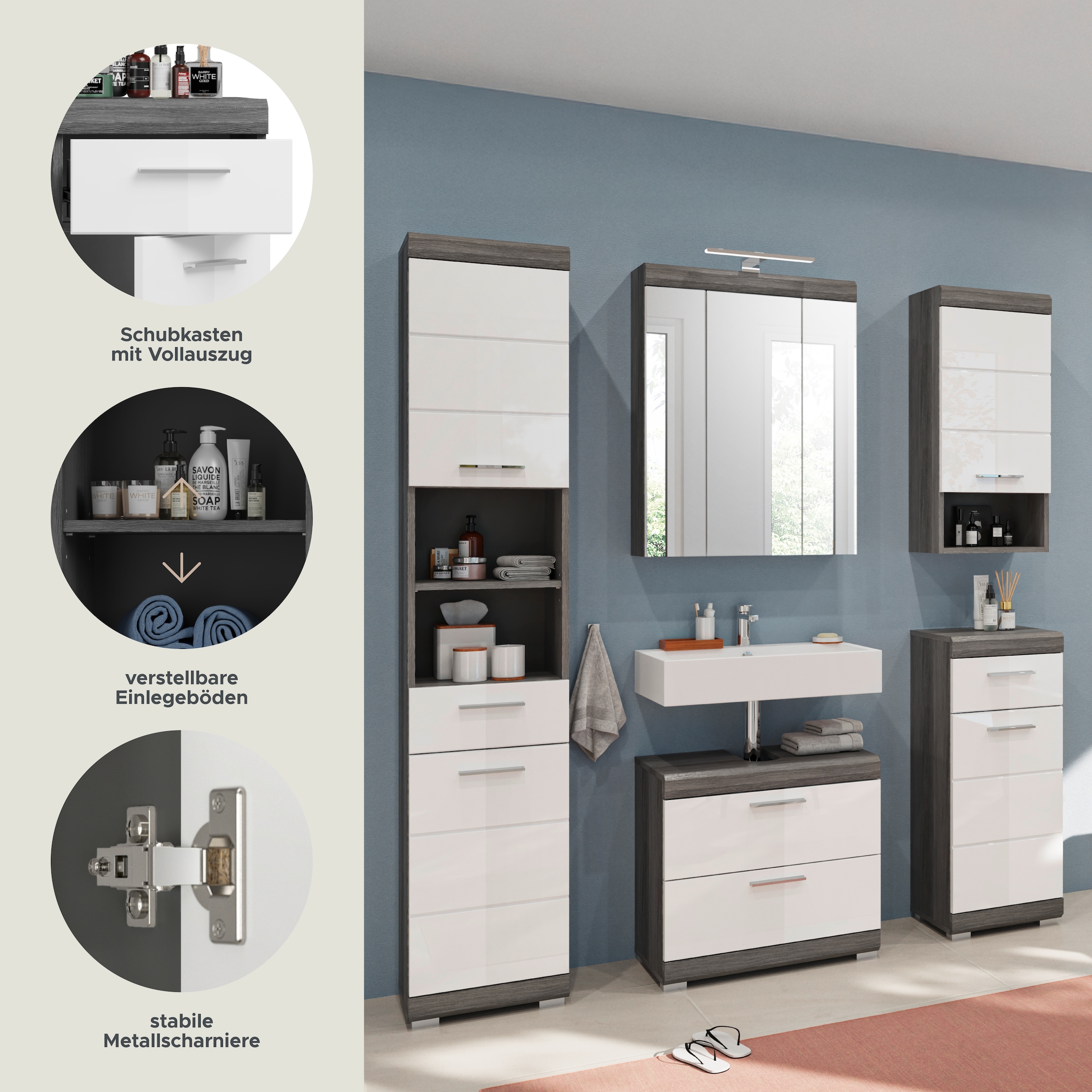 INOSIGN Badmöbel-Set »Siena, 5 teilig, inklusive LED Beleuchtung, bestehend aus:«, (Set, 5 St.), Hochschrank, WBU, Spiegelschrank, Unterschrank, Hängeschrank