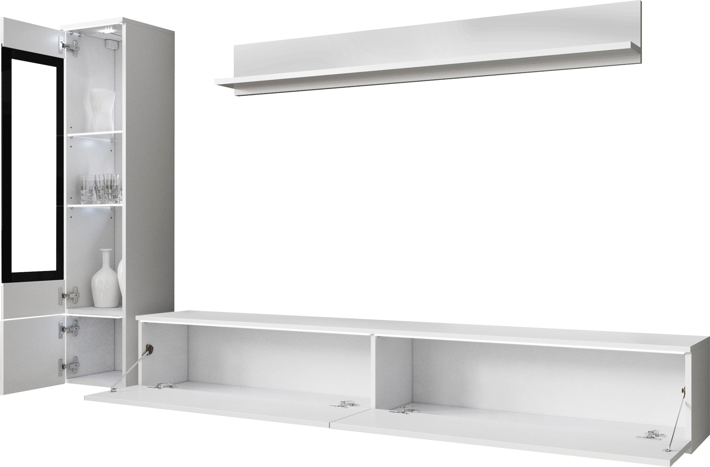 INOSIGN Wohnwand »VERA I, Vitrinen Türanschlag links/rechts wechselbar«, (Komplett-Set, 3 St.), Mediawand 230 cm, Vitrine mit Verglasung, stehend und hängend