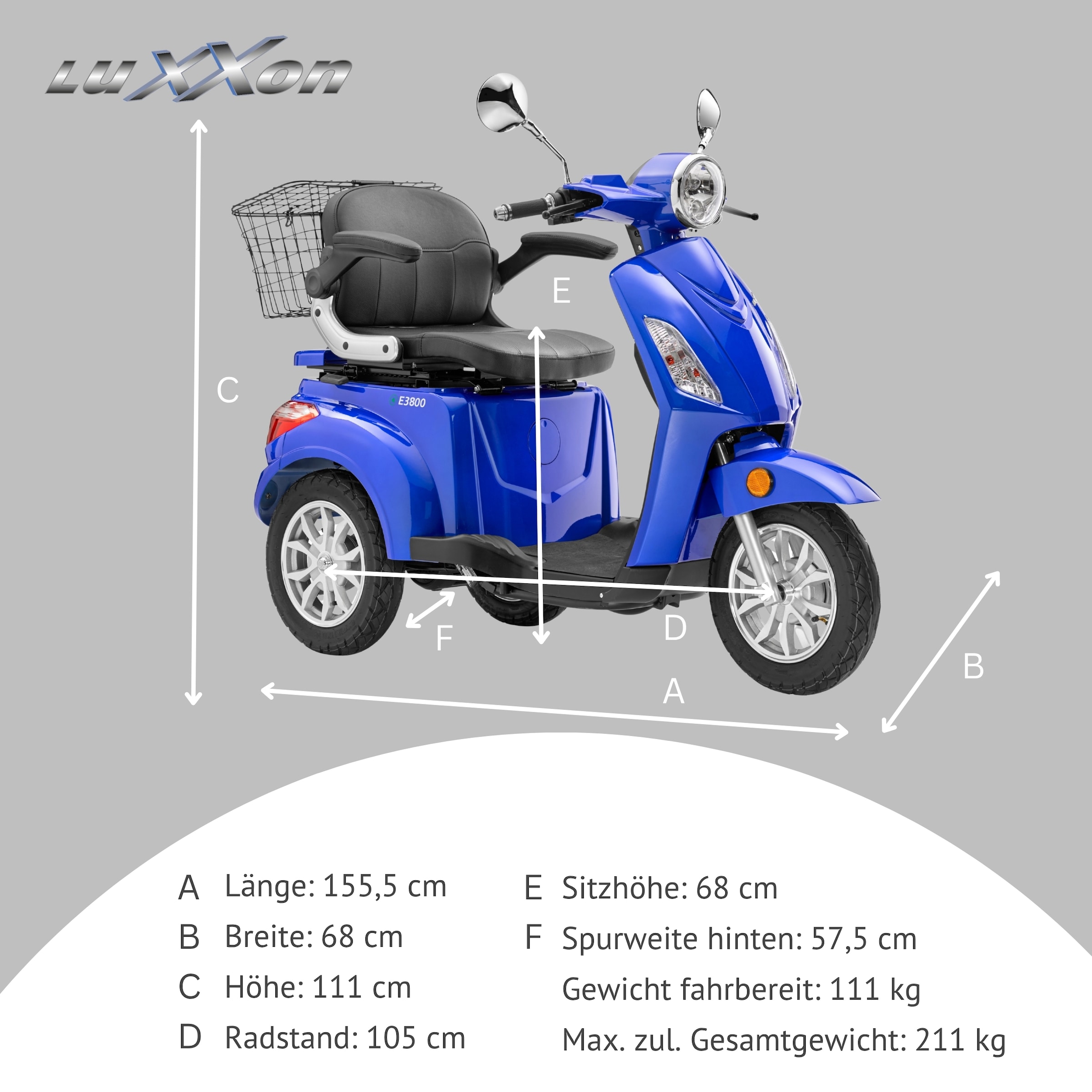 Luxxon Elektromobil »E3800« 800 W 20 km/h Elektroroller, Korb,  bis zu 65 km Reichweite, Elektro Dreirad, Seniorenmobil