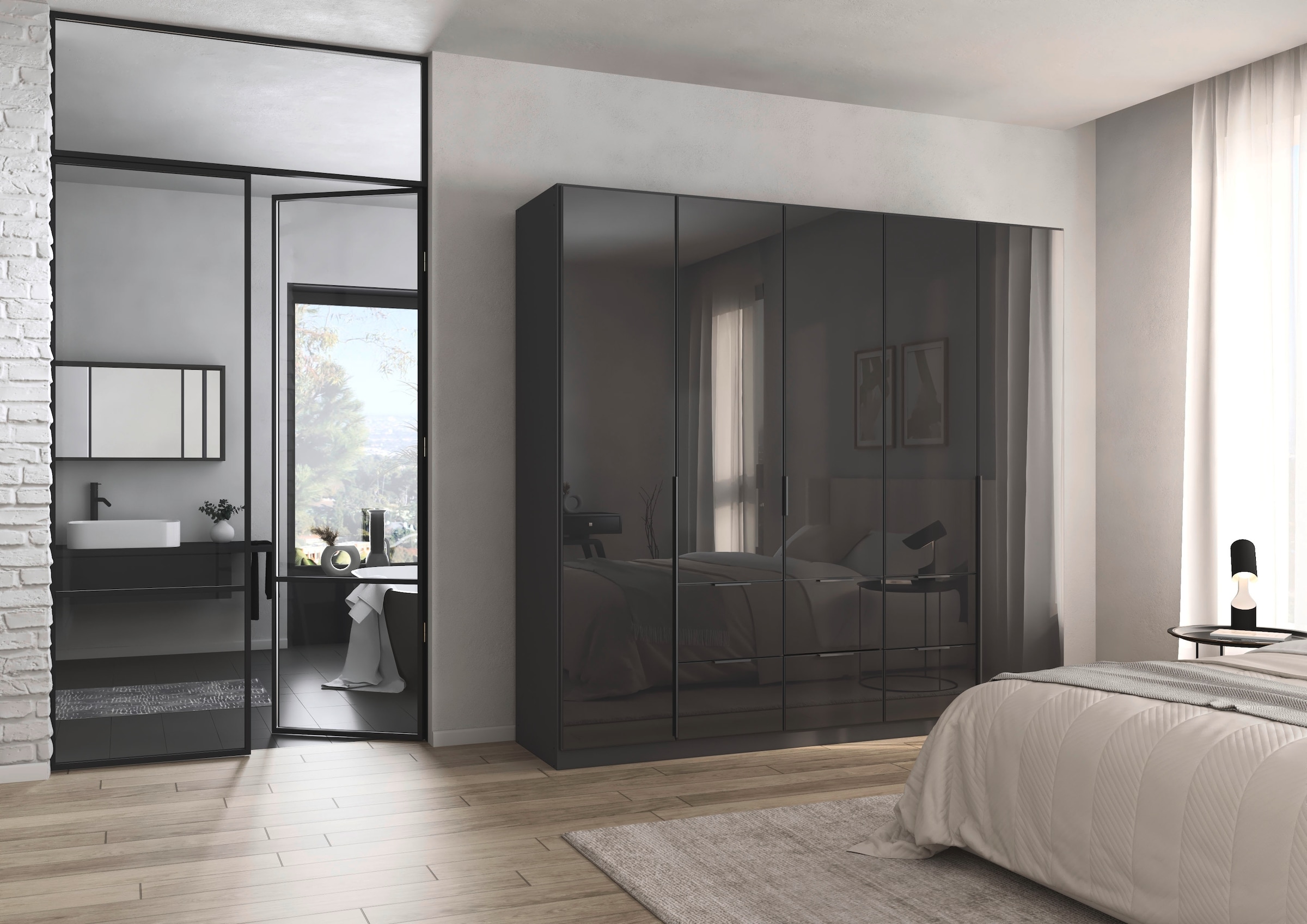 rauch Drehtürenschrank »Kleiderschrank Kleiderschränke Schrank Garderobe AGORDO mit Glasfront«, (in zwei Griff-Farben mit Glasfront), mit Außenschubkästen, in 6 Breiten und 2 Höhen MADE IN GERMANY