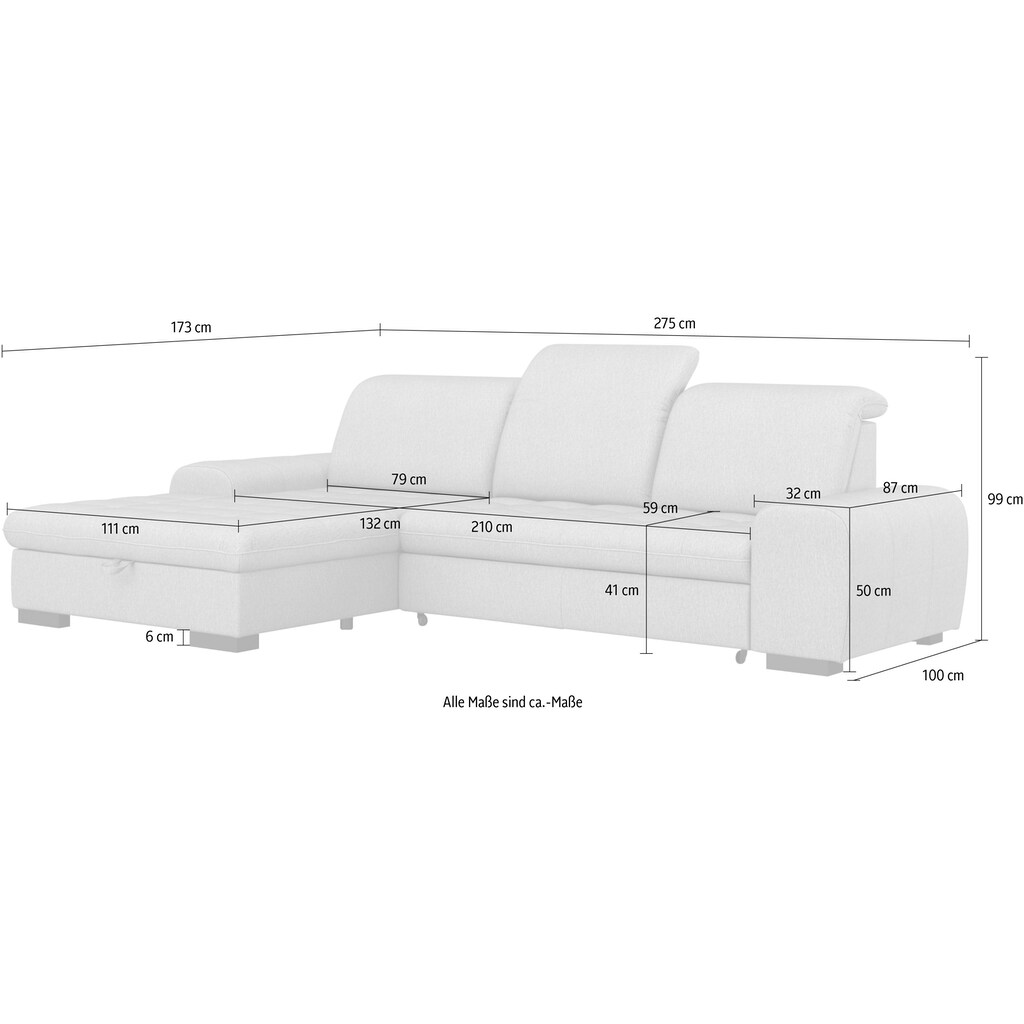 sit&more Ecksofa »Luxor L-Form«, wahlweise mit Bettfunktion, Bettkasten und Kopfteilverstellung