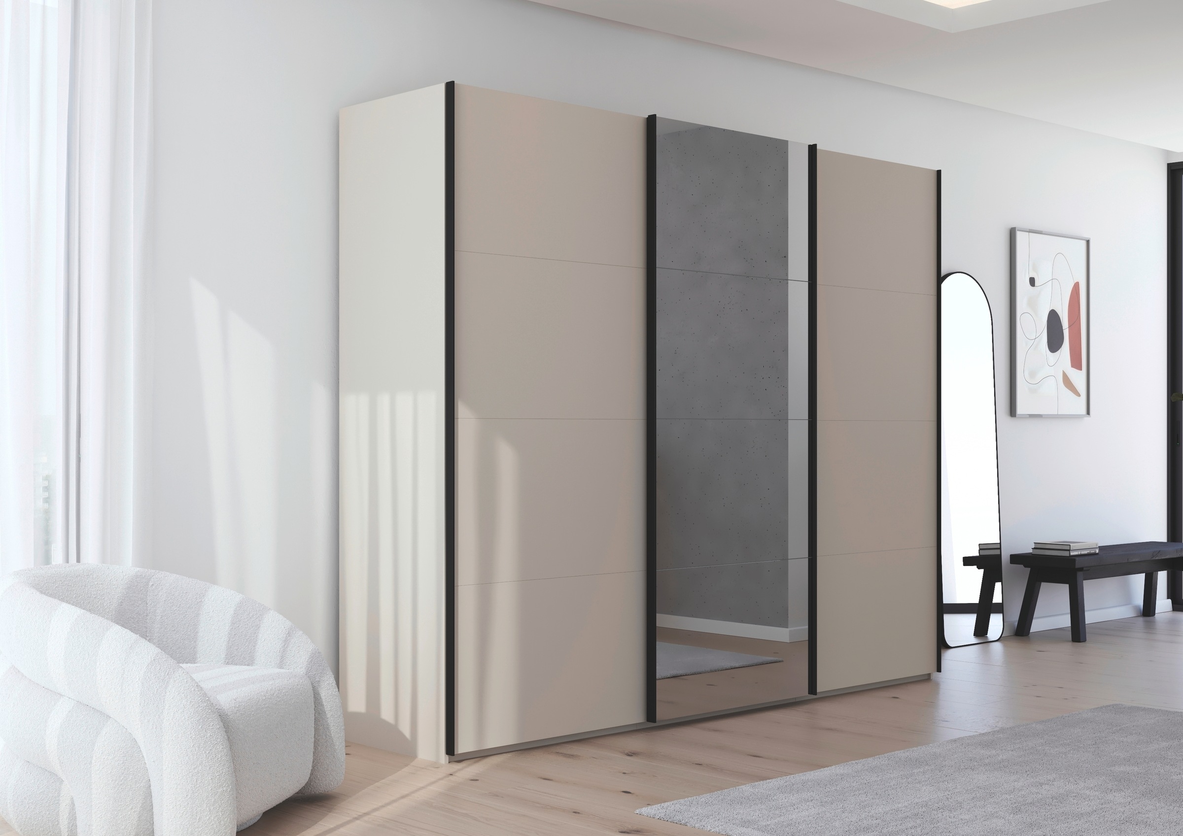 rauch Schwebetürenschrank »Kleiderschrank Schrank Garderobe Schlafzimmerschrank SCALE-FYRA«, edle viergeteilte Türen mit Spiegel und vielen Farben MADE IN GERMANY