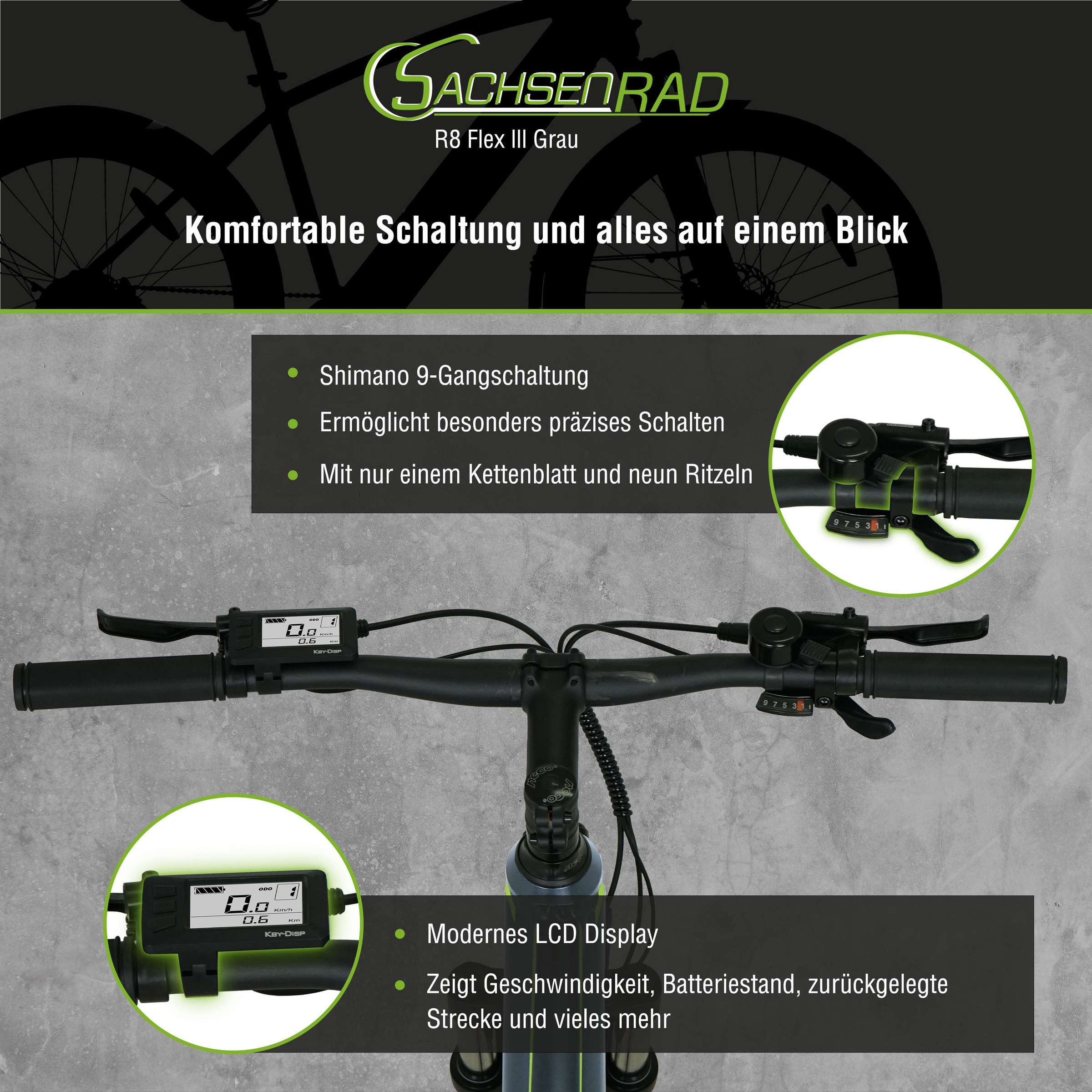 SachsenRad E-Bike »R8 Flex III«, 9 Gang, Shimano, Shimano Altus, Heckmotor 250 W, (mitgeliefertes, optionales Schutzblech mit integriertem Rücklicht), LCD-Steuerdisplay, Fahrmodus Pedelec, LED-
Beleuchtung