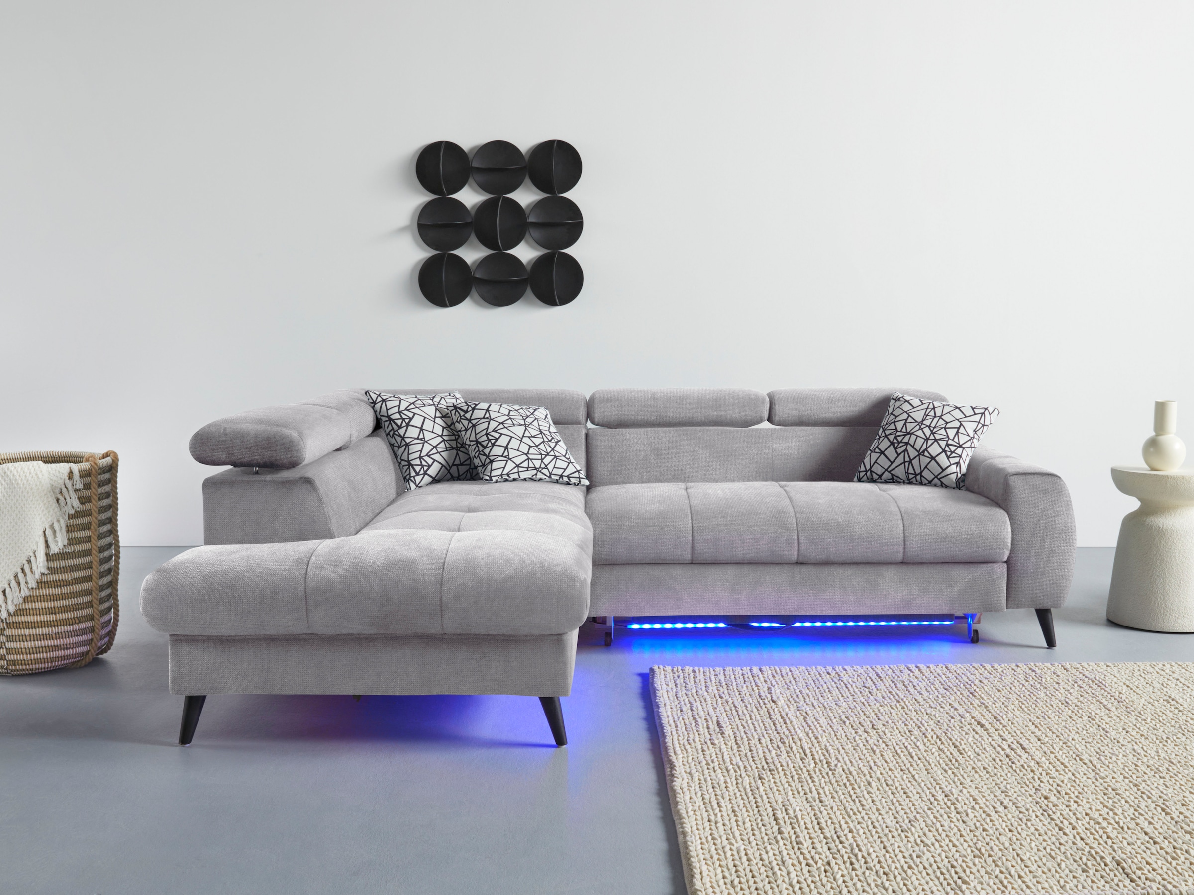 COTTA Ecksofa »Mia L-Form mit 3 Zierkissen«, wahlweise mit Bettfunktion, Bettkasten, Beleuchtung & Wireless-Charger
