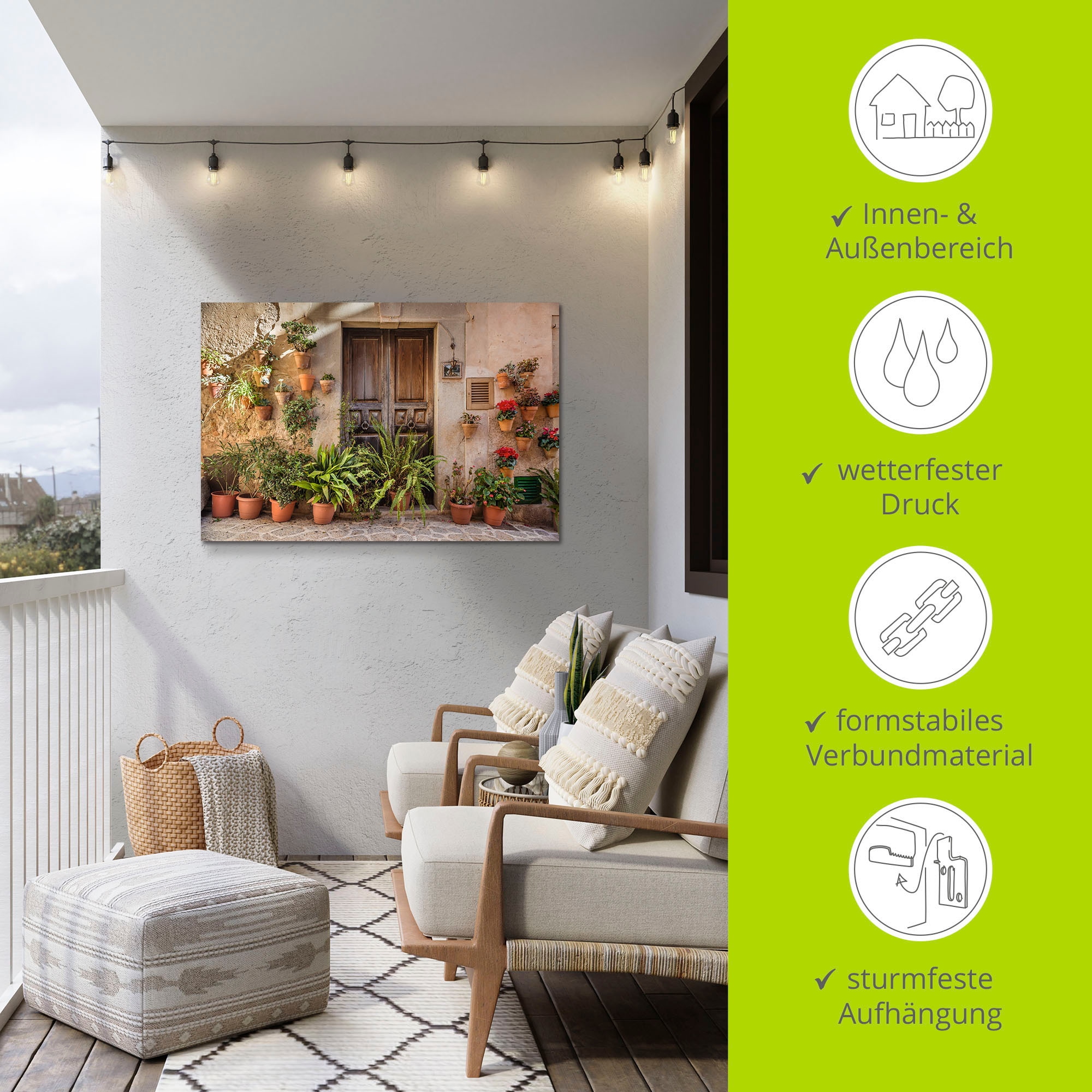 Artland Wandbild »Altstadtgasse Mallorca, Spanien«, Pflanzenbilder, (1 St.), als Alubild, Outdoorbild, Leinwandbild, Poster, Wandaufkleber