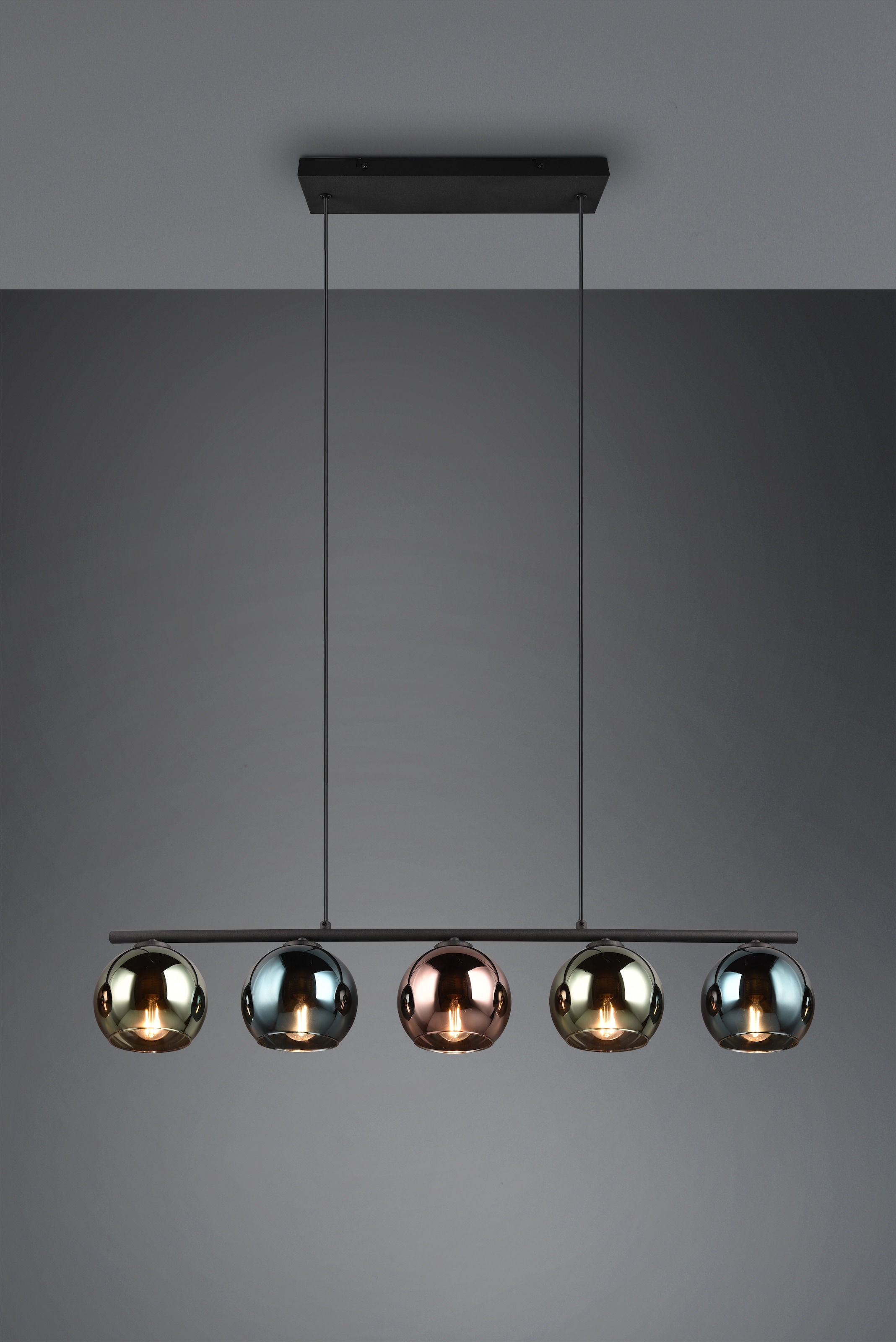 REALITY Leuchten Pendelleuchte »SHELDON, Hängelampe 5-flammig exkl 5x E14 max 10W höhenverstellbar«, 5 flammig, Leuchtmittel E14 | Leuchtmittel wechselbar, Metall Hängeleuchte mit bunten Glasschirmen Lampe Esszimmer Wohnzimmer