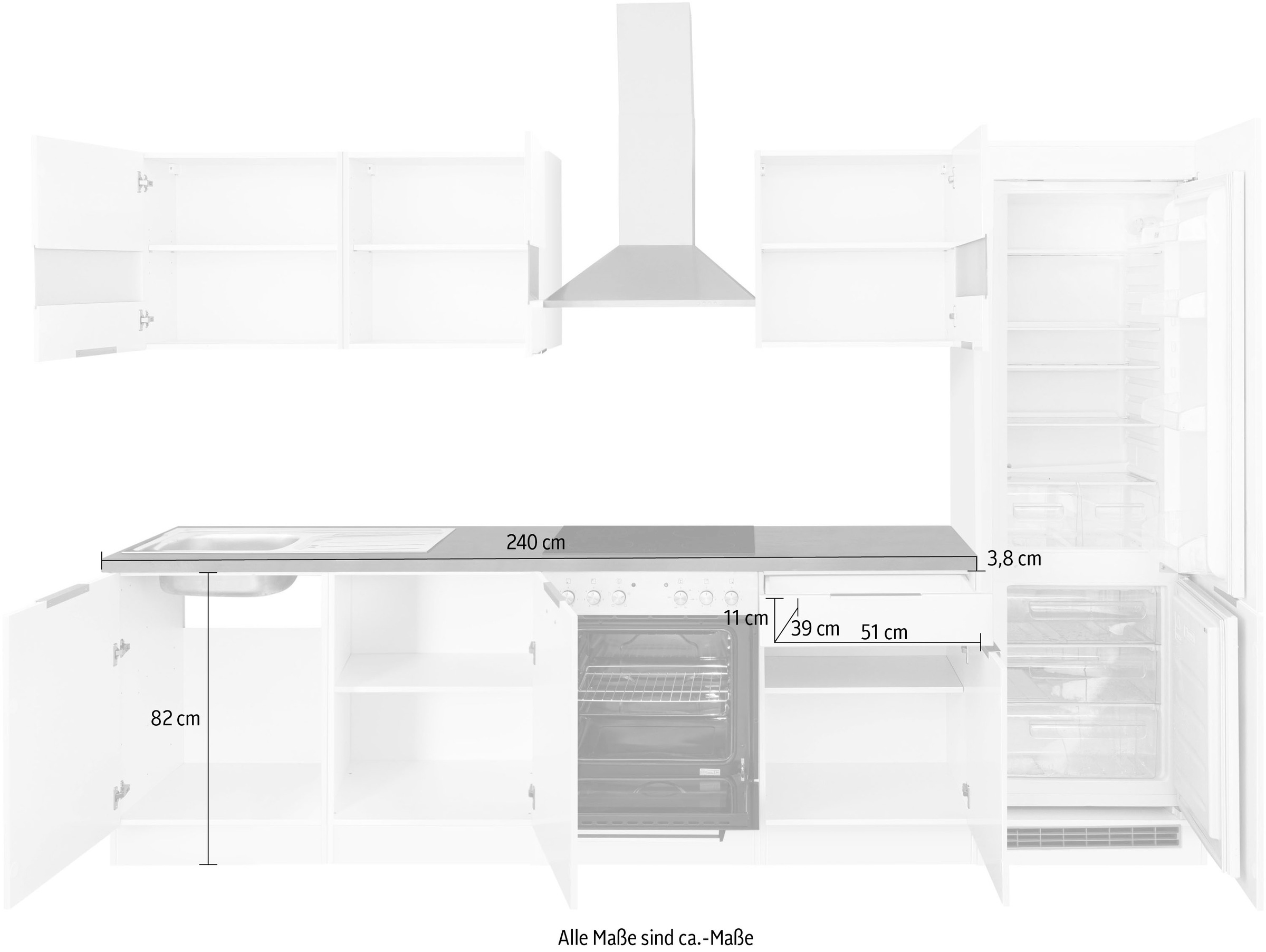 KOCHSTATION Küchenzeile »KS-Luhe« 300 cm breit, wahlweise mit oder ohne E-Geräten, gefräste MDF-Fronten
