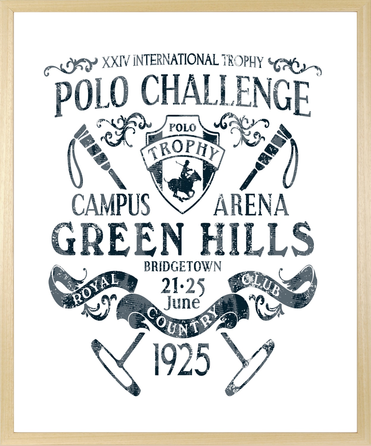 queence Bild mit Rahmen »Vintage Wappen Polo Challenge« Großbritannien | Schriftzug HD Premium Poster-Druck inkl. Echtholzrahmen in beige
