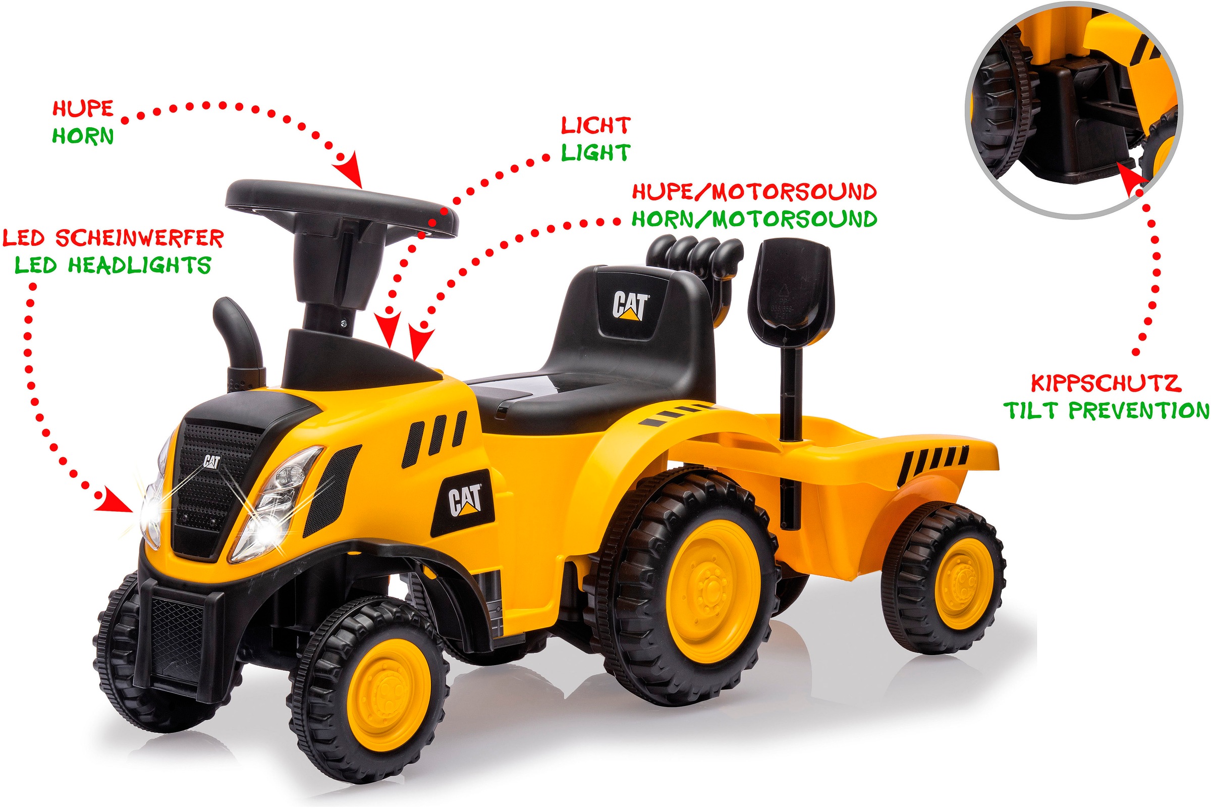Jamara Rutscher »Caterpillar Traktor mit Anhänger 2in1, gelb«, mit Licht- und Soundeffekten sowie Hupe