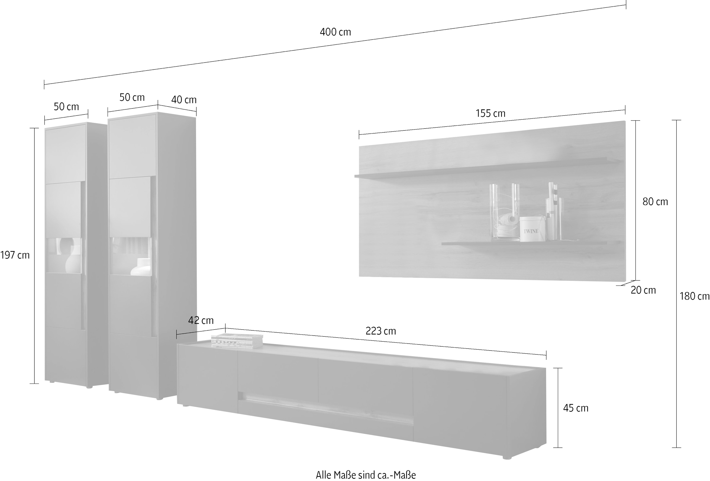 INOSIGN Wohnwand »City/Giron, moderne Anbauwand, Komplettset in vielen Farben verfügbar«, (Set, 4 St.), enthält zwei Vitrinen, ein Lowboard & ein Wandboard