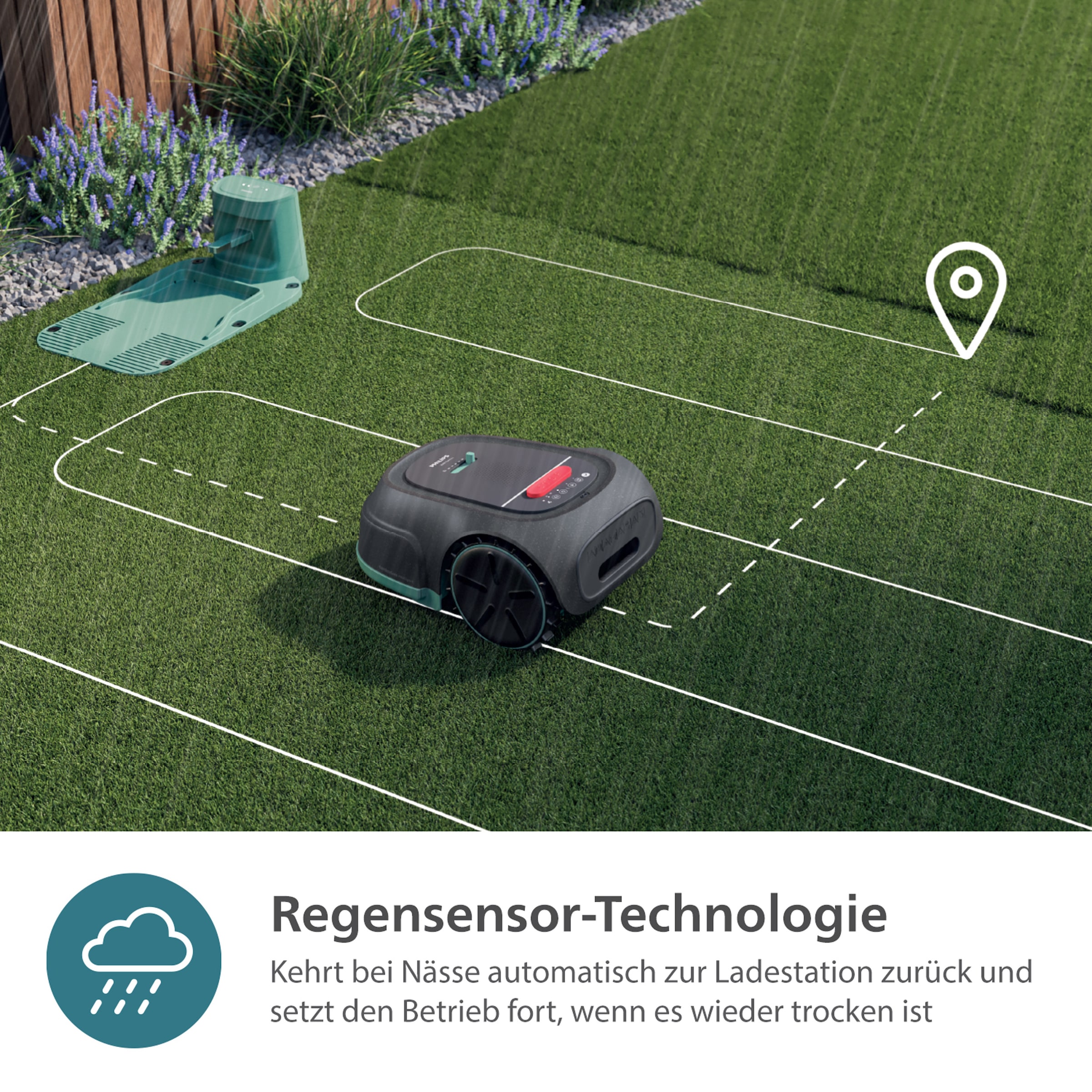 Philips Rasenmähroboter »3000 Series RSL3000/10, intelligentes Mähen mit GPS-Kartierung«, HomeRun-App und Regensensor-Technologie, leicht zu reinigen