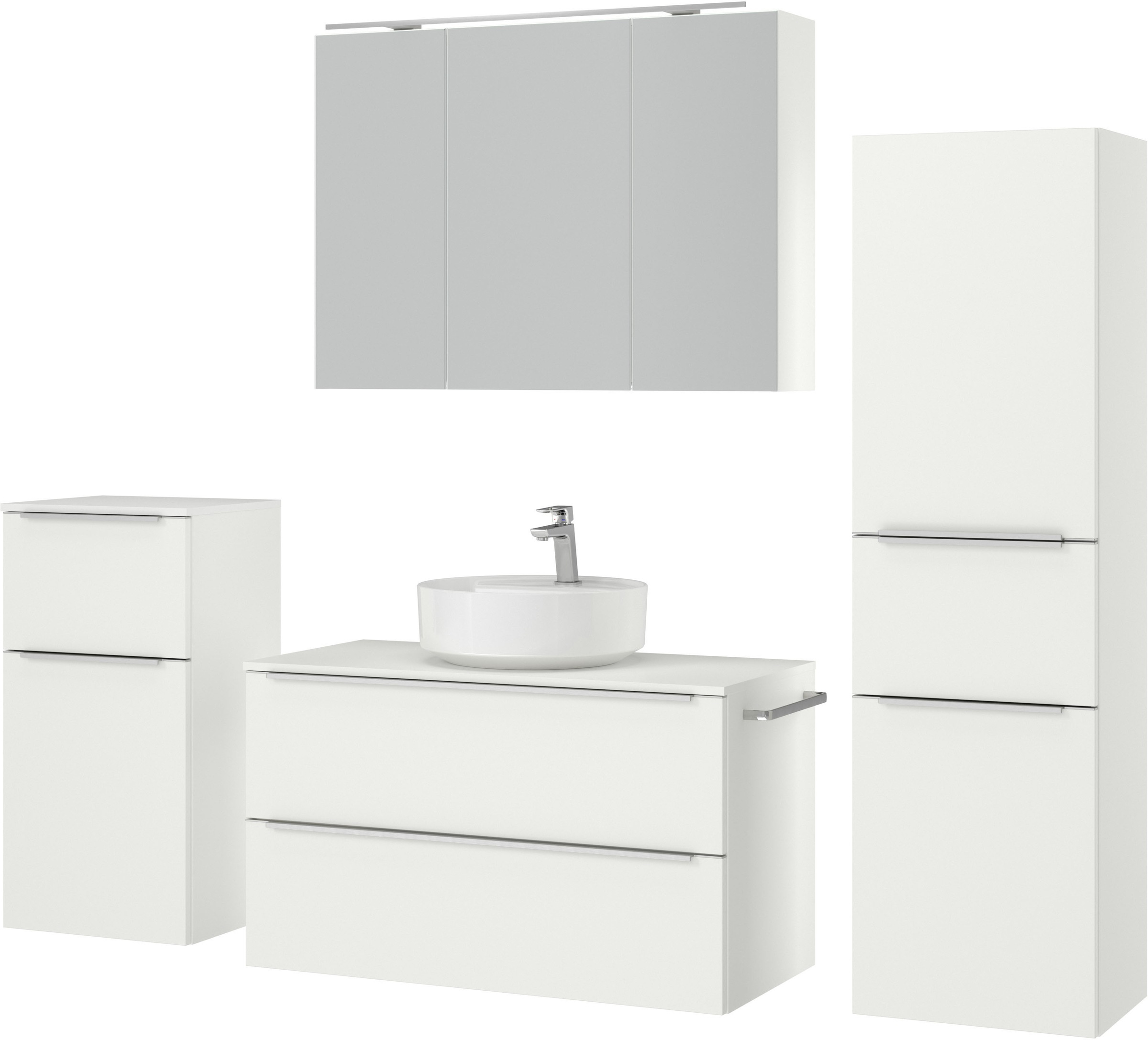 nobilia® Badmöbel-Set »Alvene«, (4 St., vormontiert, mit Soft-Close), inkl. Spiegelschrank mit Beleuchtung und Dimmerfunktion, in 4 Breiten