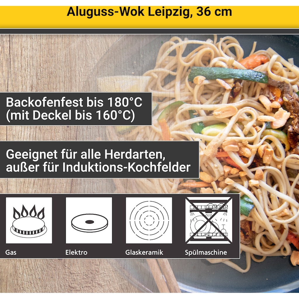 Krüger Wok »Aluguss Wok mit Glasdeckel LEIPZIG, 36 cm«, Aluminiumguss, (1 tlg.)