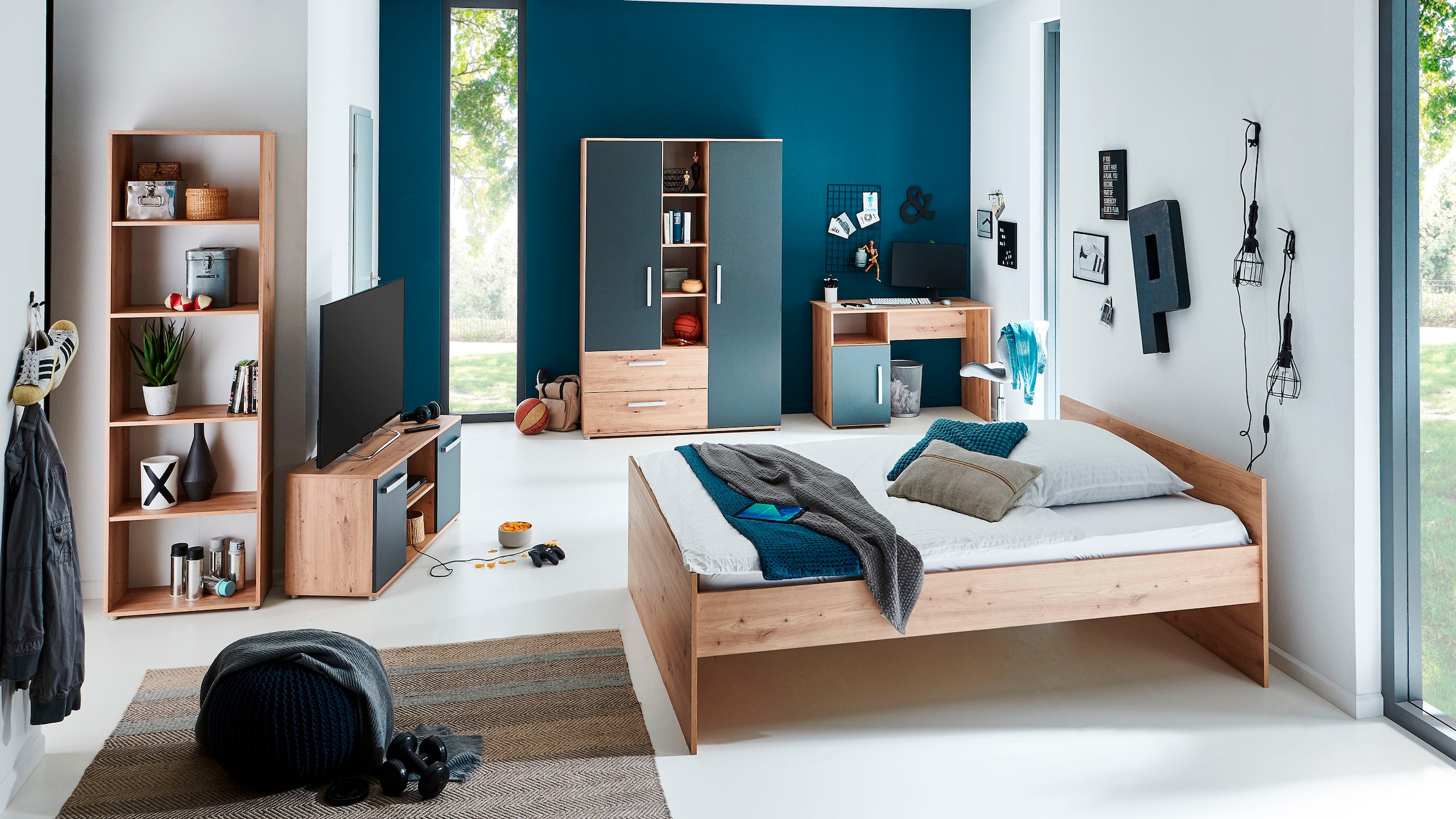 arthur berndt Jugendzimmer-Set »Alessio«, (Set, 5 tlg., Bett, Kleiderschrank, Schreibtisch, Standregal und TV-Lowboard.), mit Melamin-Oberfläche