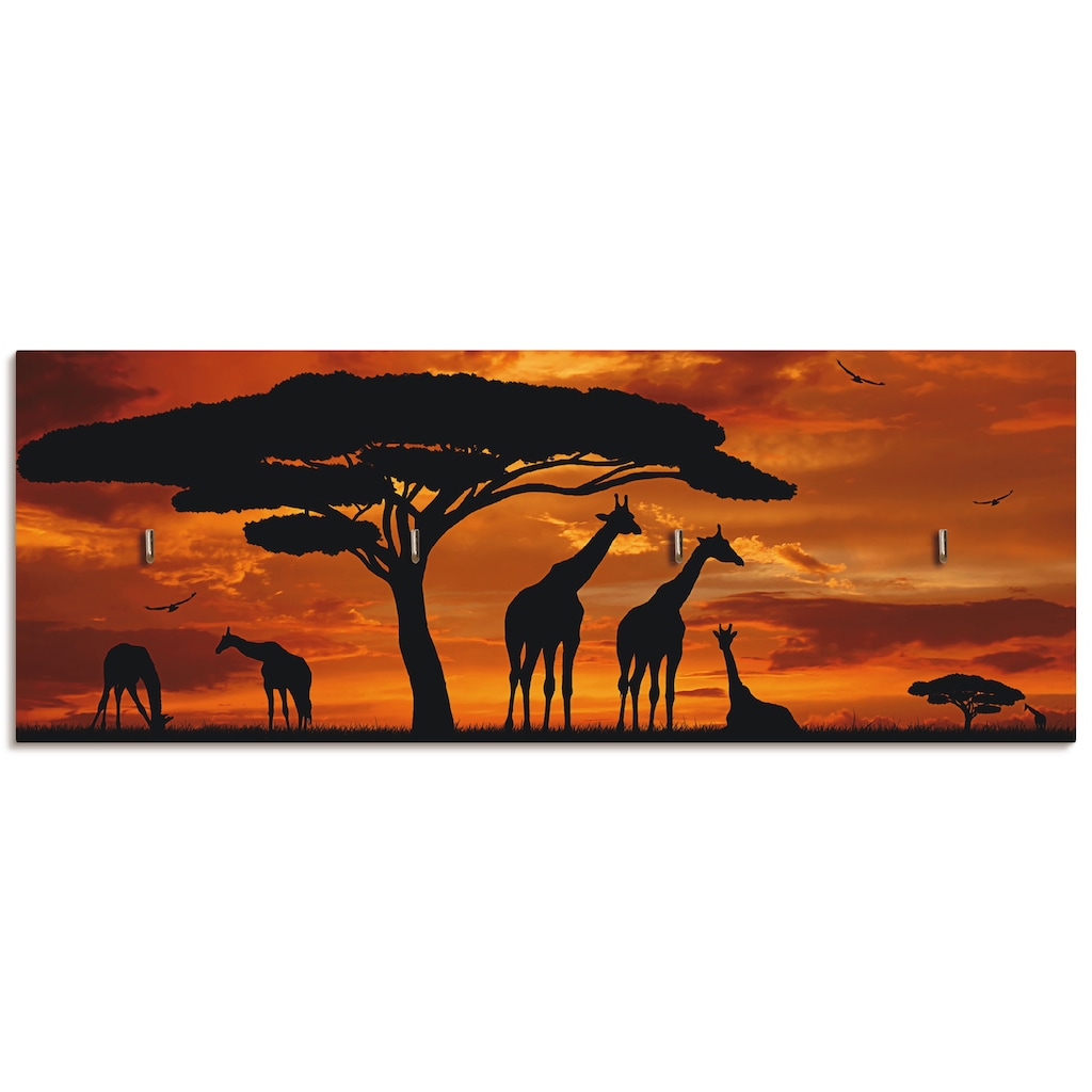 Artland Hakenleiste »Herde von Giraffen im Sonnenuntergang«, aus Holz mit 4 Schlüsselhaken – Schlüsselboard, Schlüsselbretter, Schlüsselhalter, Schlüsselaufhänger für den Flur – Stil: Modern