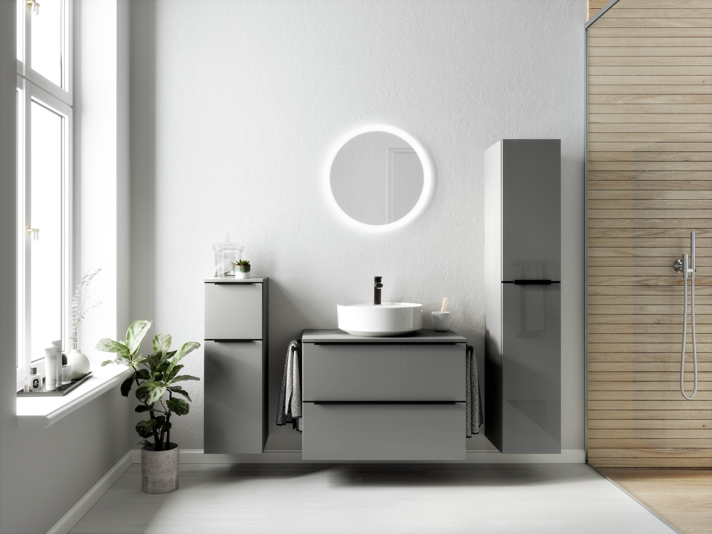nobilia® Badmöbel-Set »Alvene«, (4 St., vormontiert, mit Soft-Close), Hochglanz, inkl. Spiegel mit Touch-Sensor, in vier Breiten