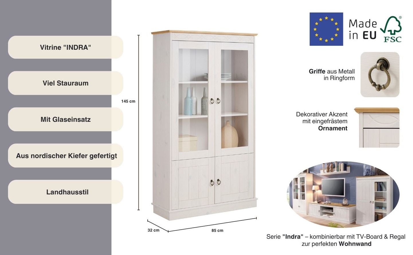 Home affaire Vitrine »Indra«, aus massiver Kiefer, FSC®, Höhe 145 cm, dezentes Ornament