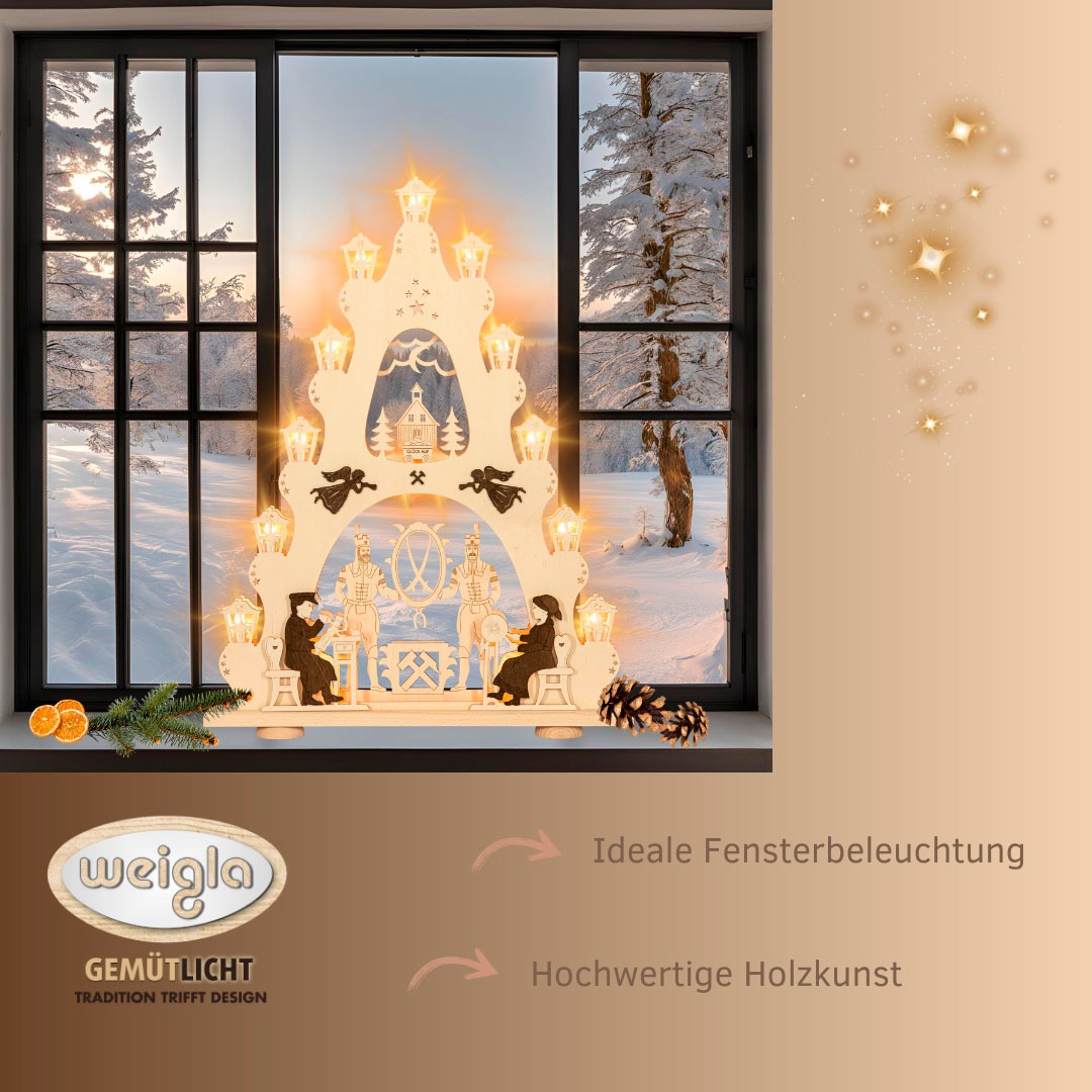 Weigla Schwibbogen »Erzgebirge, große Lichterspitze, Bergmann NATUR-BRAUN«, Erzgebirge garantiert, Weihnachtsdeko Innen, Weihnachtsbeleuchtung