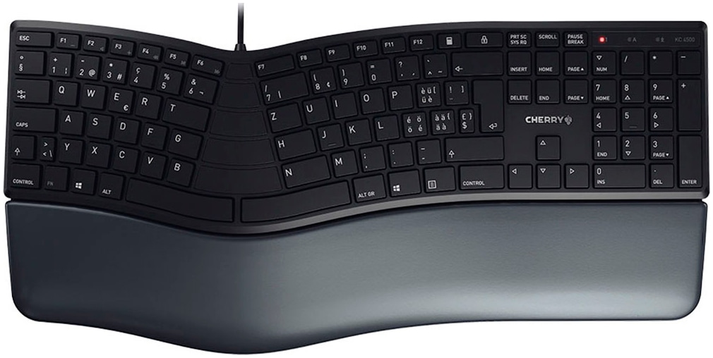 Cherry Tastatur »KC 4500 ERGO Kabelgebundene Ergonomische Tastatur, Schwarz, USB« (Fn-Tasten | Funktionstasten | Handgelenkauflage | Lautstärkeregler | Multimedia-Tasten | Ziffernblock | ergonomische Form | verstellbare Füße)