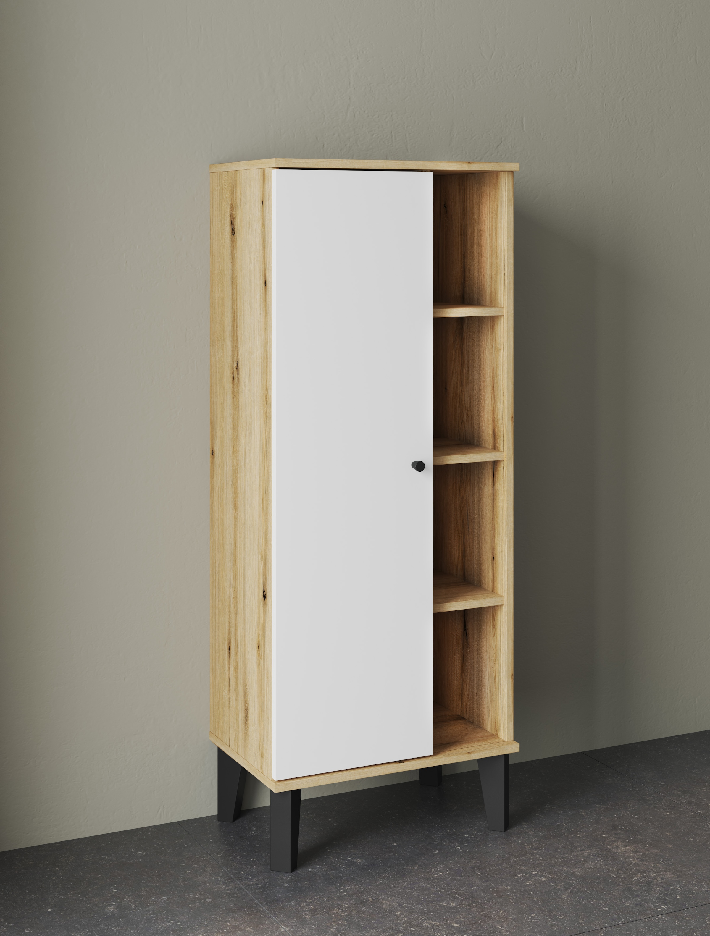 INOSIGN Stauraumschrank »Oslo, Badschrank mit Knopfgriff, Hochschrank im skandinavischen Design«, in der Türfarbe Weiß oder Grau verfügbar, ausreichend Stauraum