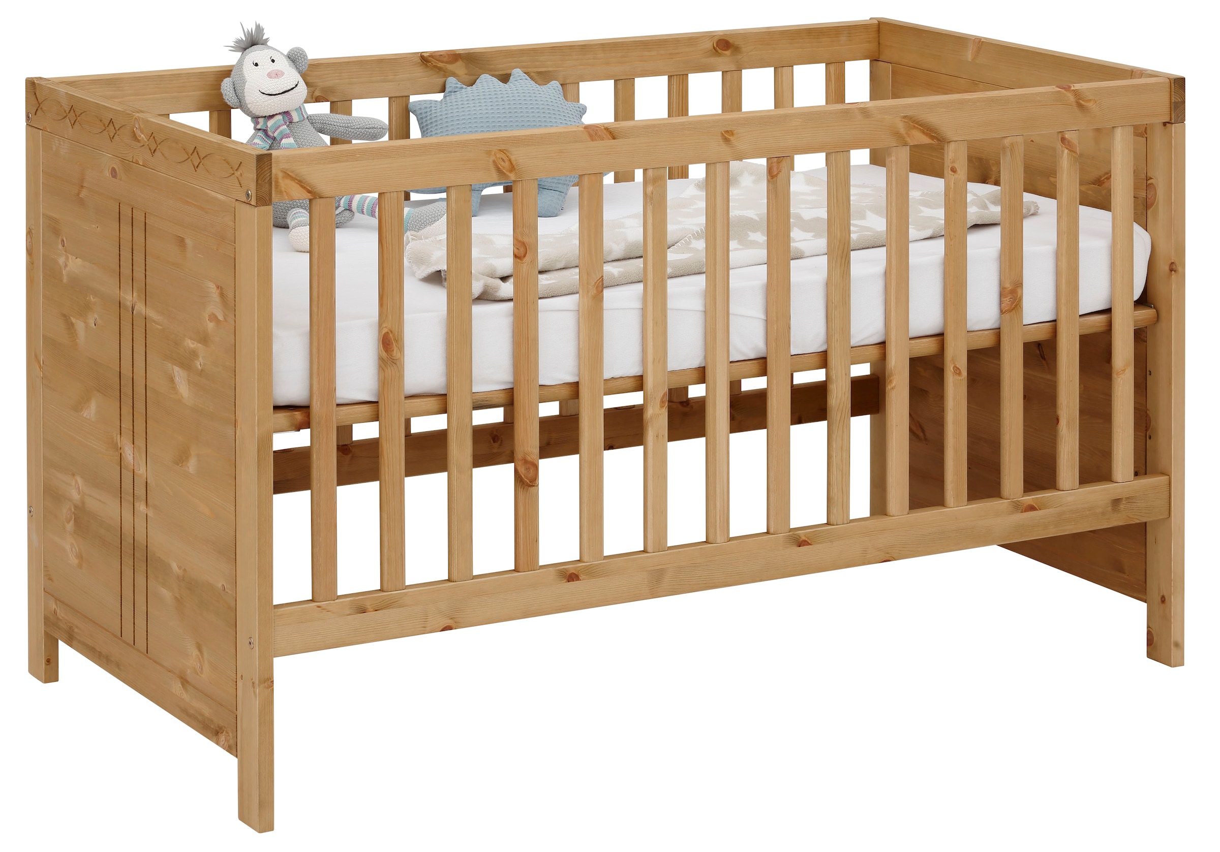 Lüttenhütt Babybett »Indra, Schlupfsprossen, 4-fach verstellbare Liegehöhe,«, FSC® zertifiziertes Massivholz, Landhausstil mit tollen Details