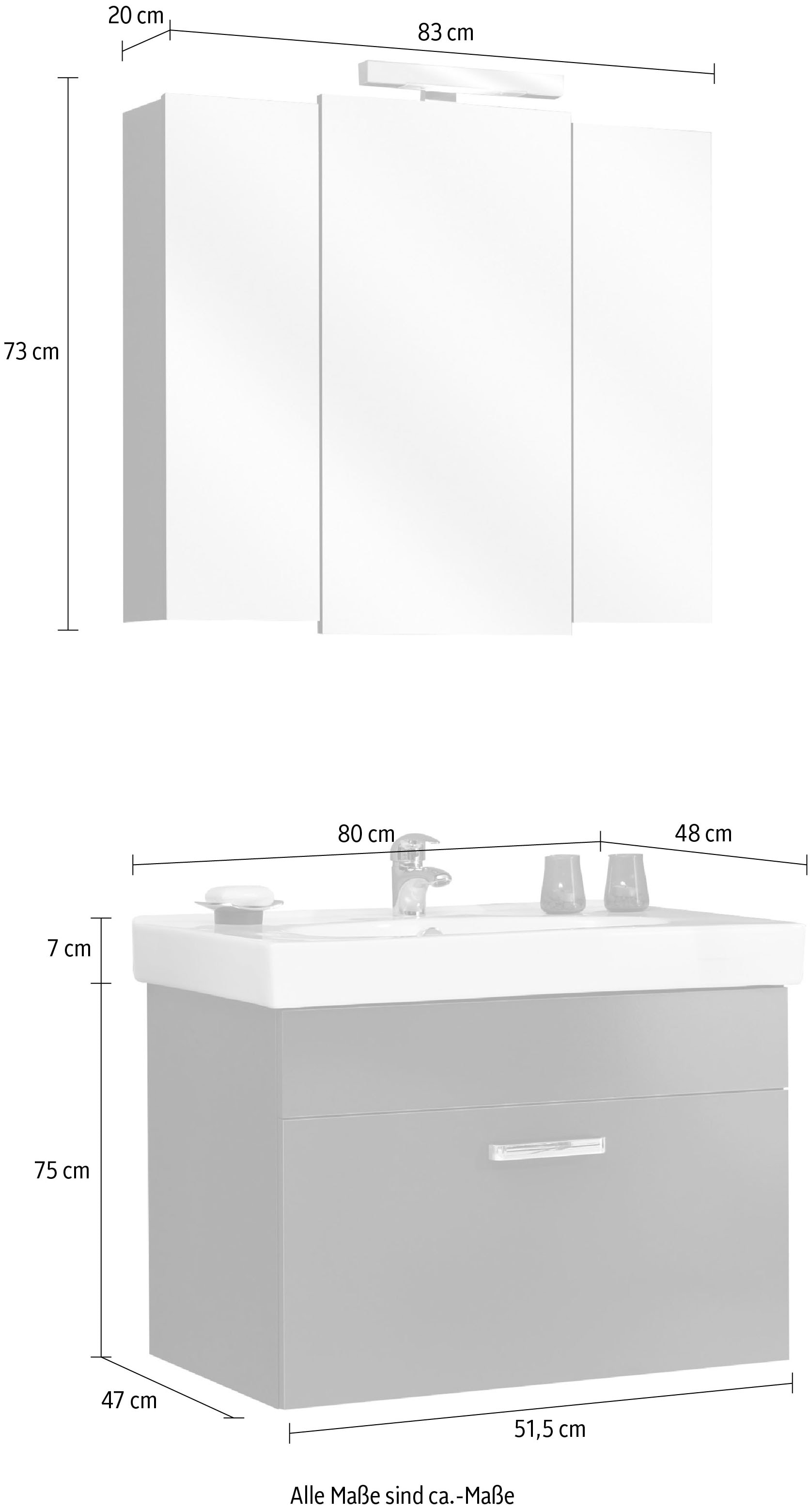 Saphir Badmöbel-Set »Quickset 2-teilig, Keramikwaschtisch mit LED-Spiegelschrank, Bad-Set«, (2 St.), Waschplatz 83 cm breit, 3 Türen, 1 Schublade, inkl. Türdämpfer
