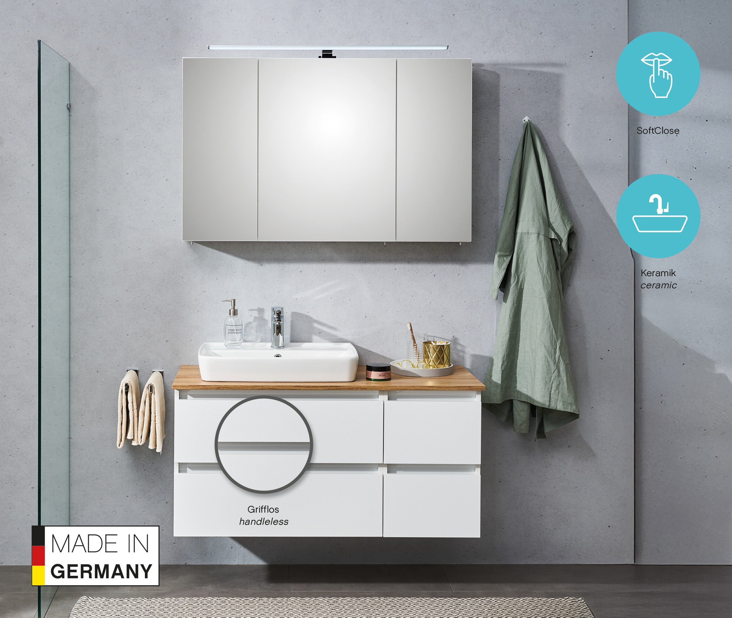 Saphir Badmöbel-Set »Quickset 360 2-teilig, Keramik-Aufsatzbecken mit LED-Spiegelschrank« 2 Stk. tlg.