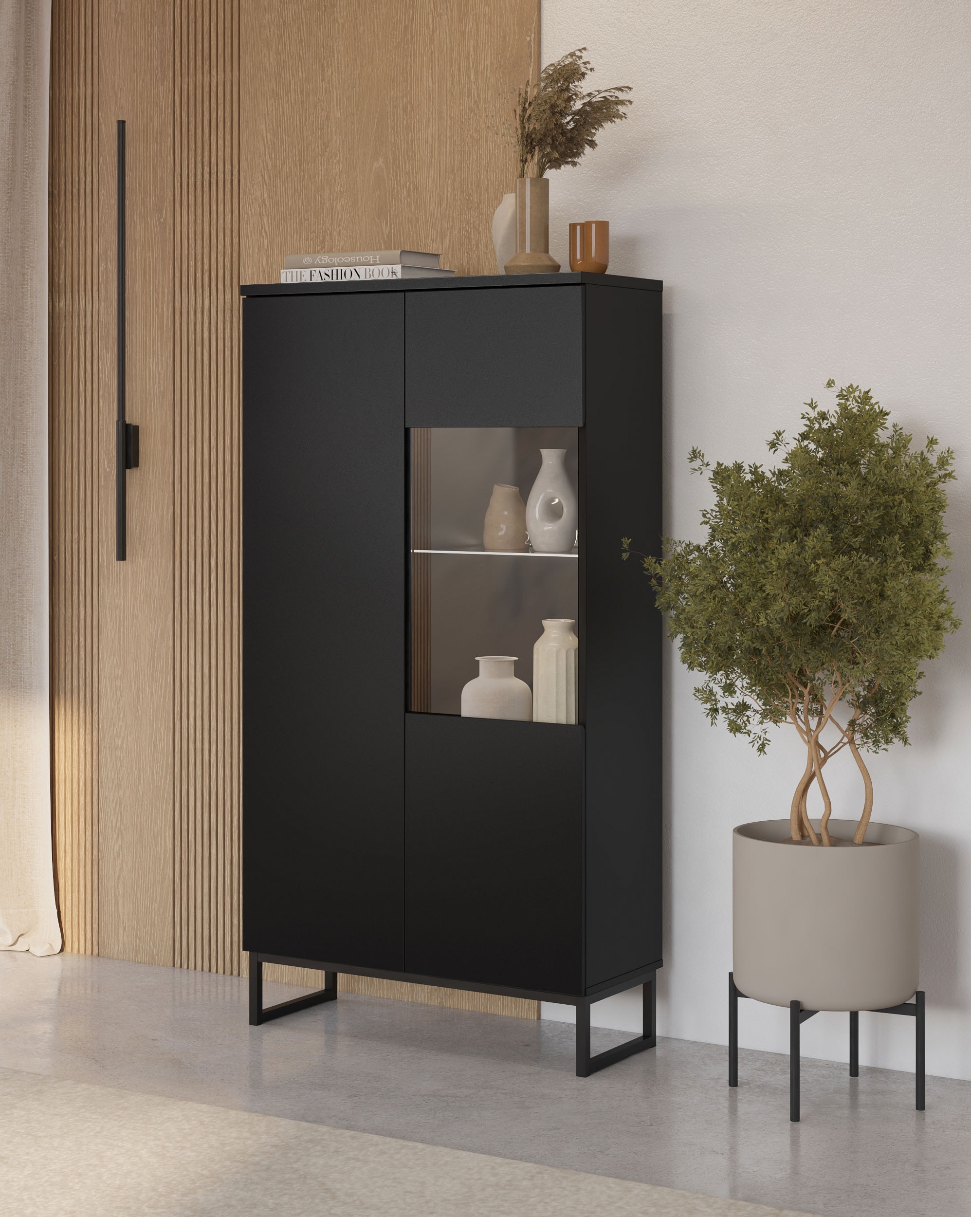 OTTO home Vitrine »Modo II, Breite 80 cm, moderner griffloser Vitrineschrank« Vitrine viel Stauraum, Einlegeböden verstellbar, Glastür, Metallkufen
