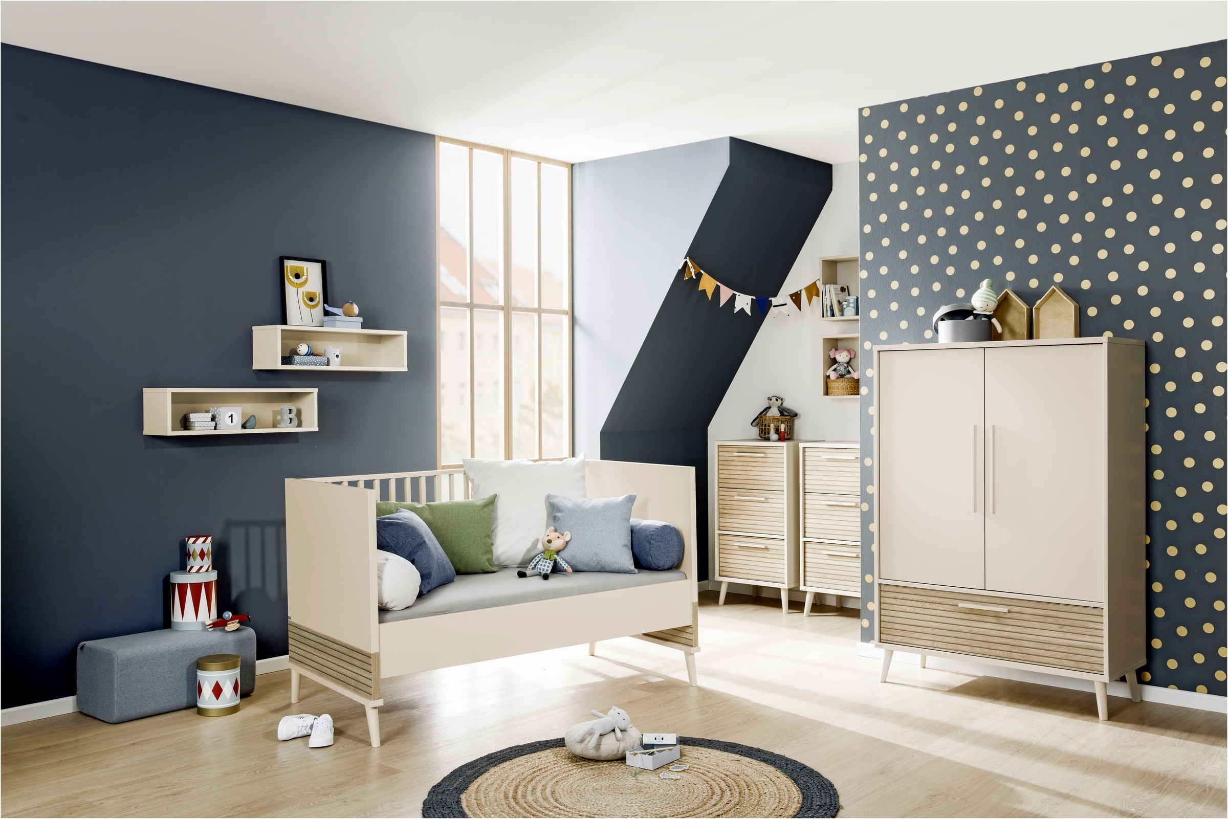 PAIDI Highboard »EEFJE, Regal in modernem Design, Cashmere-Beige mit Groovy-Oak«, (B/H/T ca. 48x93x41cm), Schubladen in unterschiedlichem Design wählbar