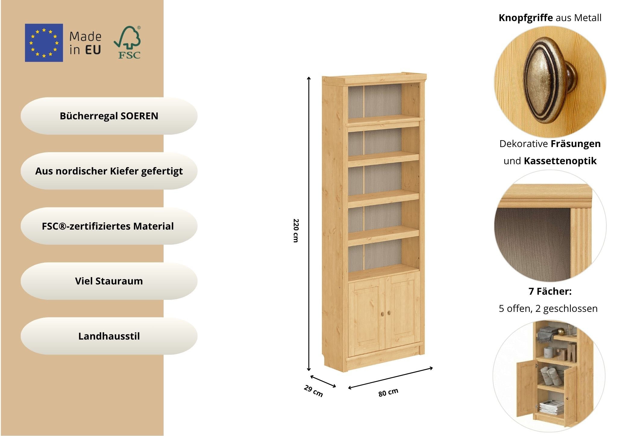 OTTO home Bücherregal »mit 2 Türen Soeren Regal Aktenregal B/T/H: 80/29/220 cm« massive Kiefer, FSC®-zertifiziert