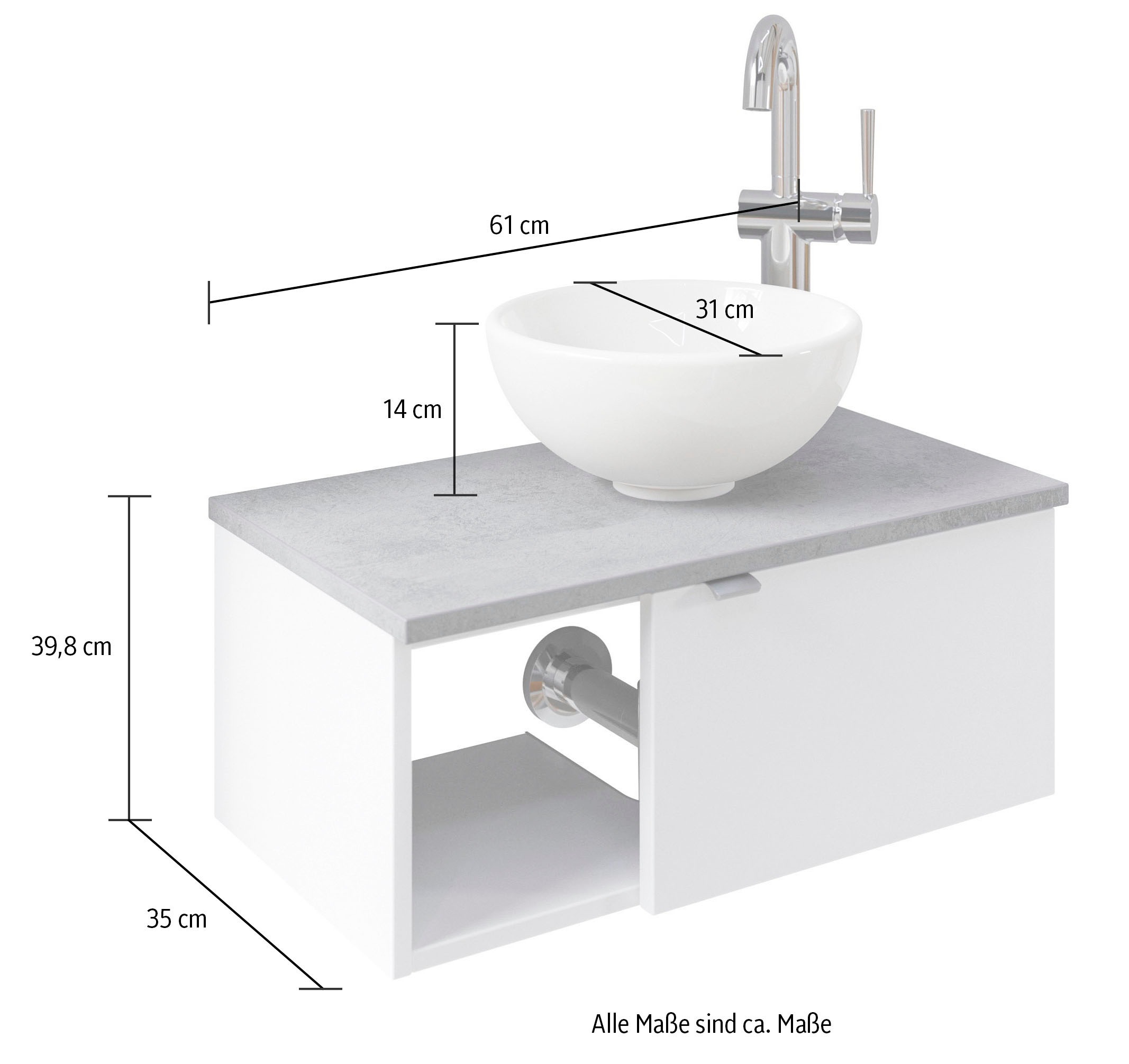 Saphir Waschtisch »Serie 6915 Waschschale mit Unterschrank für Gästebad, Gäste WC«, 61 cm mit Keramik-Aufsatzbecken, 1 Tür und 1 Fach