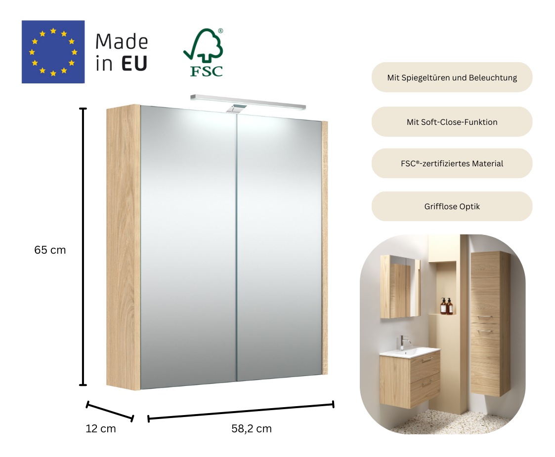 welltime Spiegelschrank »Scandic«, verspiegelt, mit Soft-Close-Funktion, verschiedene Breiten, FSC®