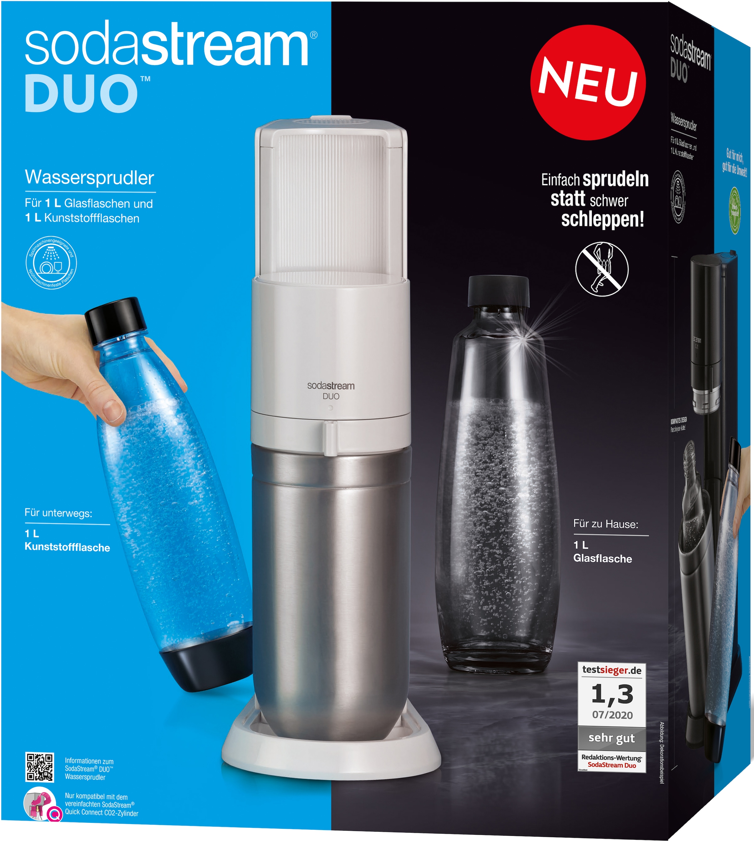 SodaStream Wassersprudler »DUO«, (Set, online und 1x 1L CO2-Zylinder, tlg.), Glasflasche bestellen spülmaschinenfeste 4 1L mit 1x Kunststoff-Flasche