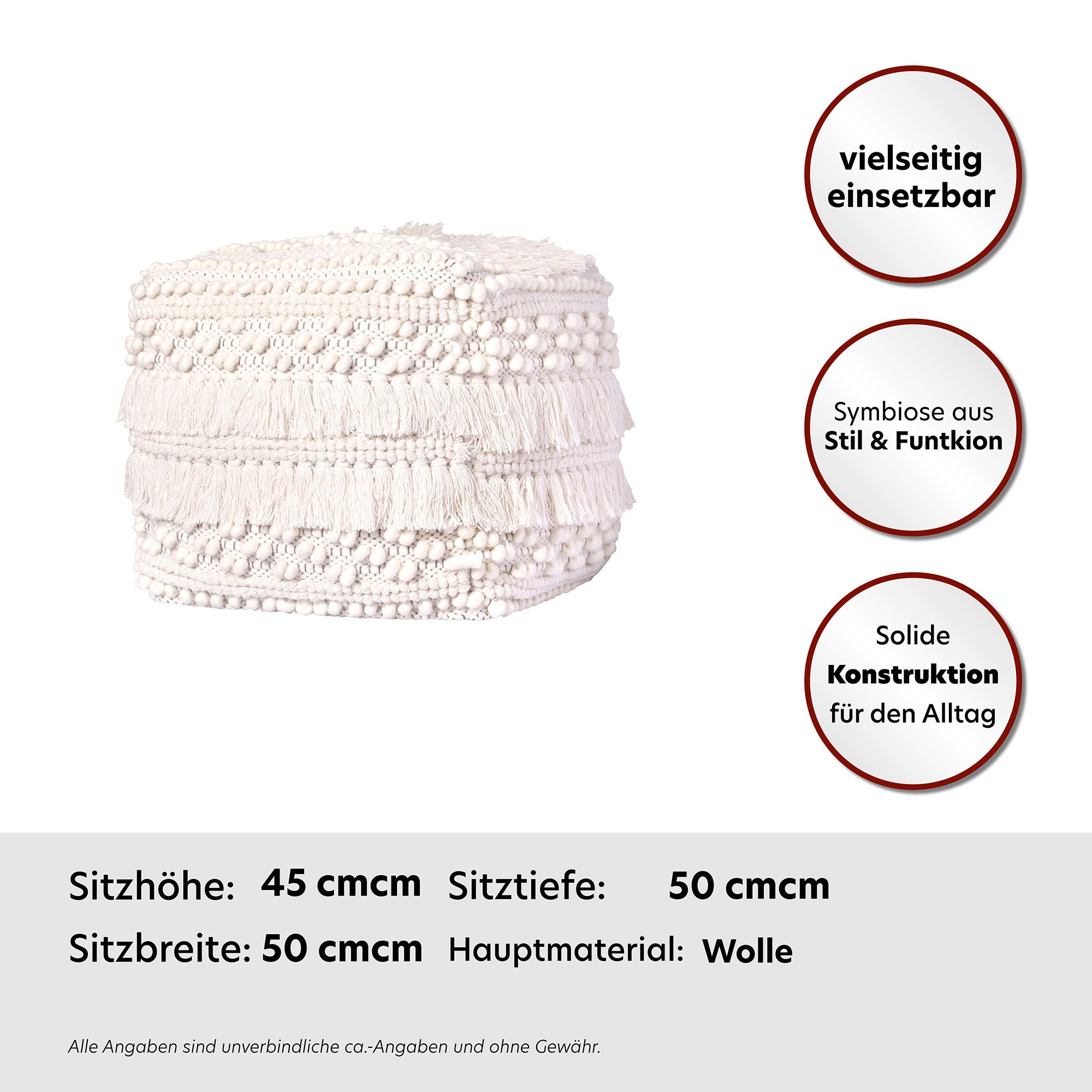 Kayoom Pouf »Bohist 325 50cm x 50cm,  Strukturen mit Fransen und Quasten«, (1 St.), handgefertigt, Unikat, sehr gut kombinierbar, vielfältig im Einsatz